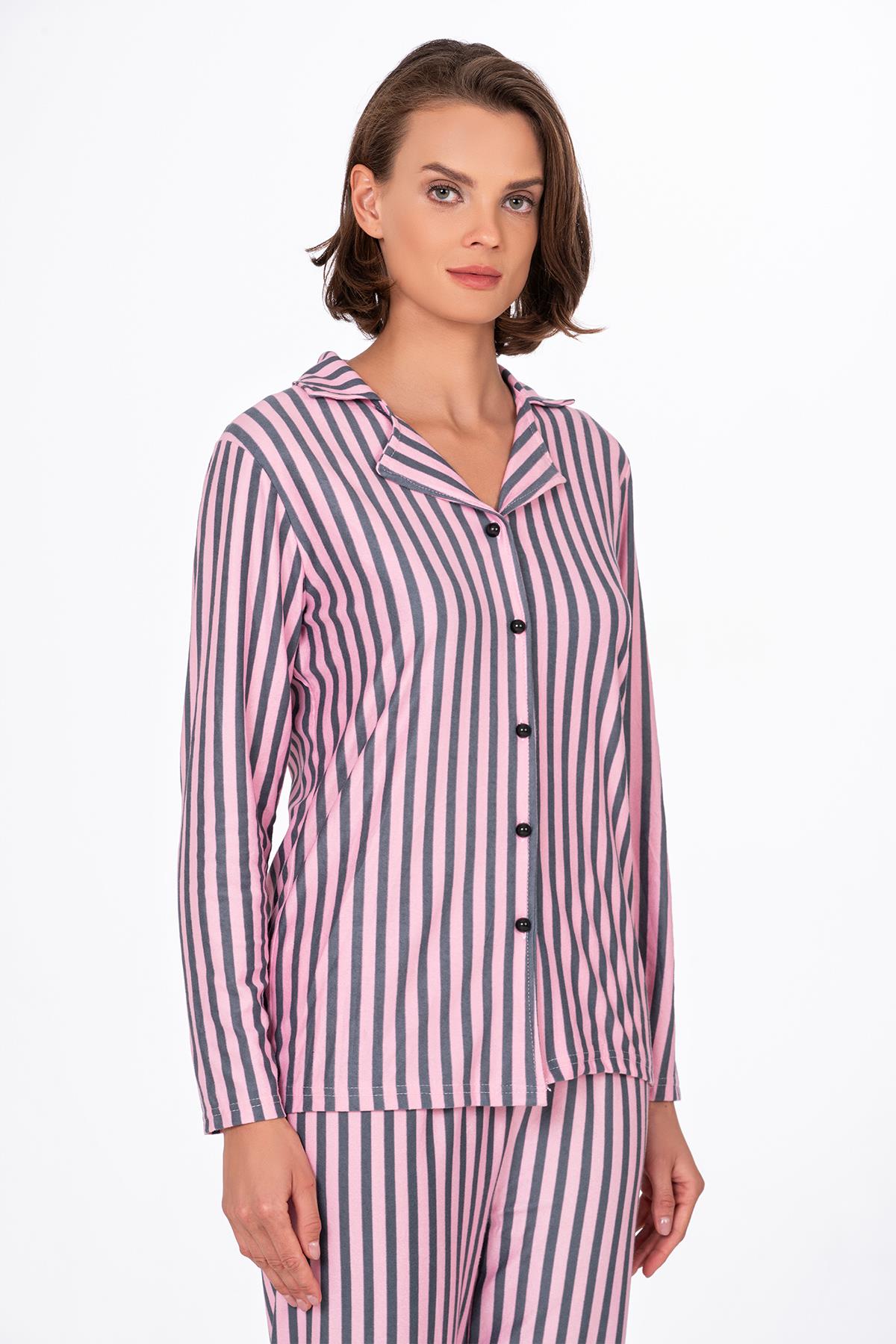 Kadın Süet Önden Düğmeli Pijama Takımı | Çizgili Pembe