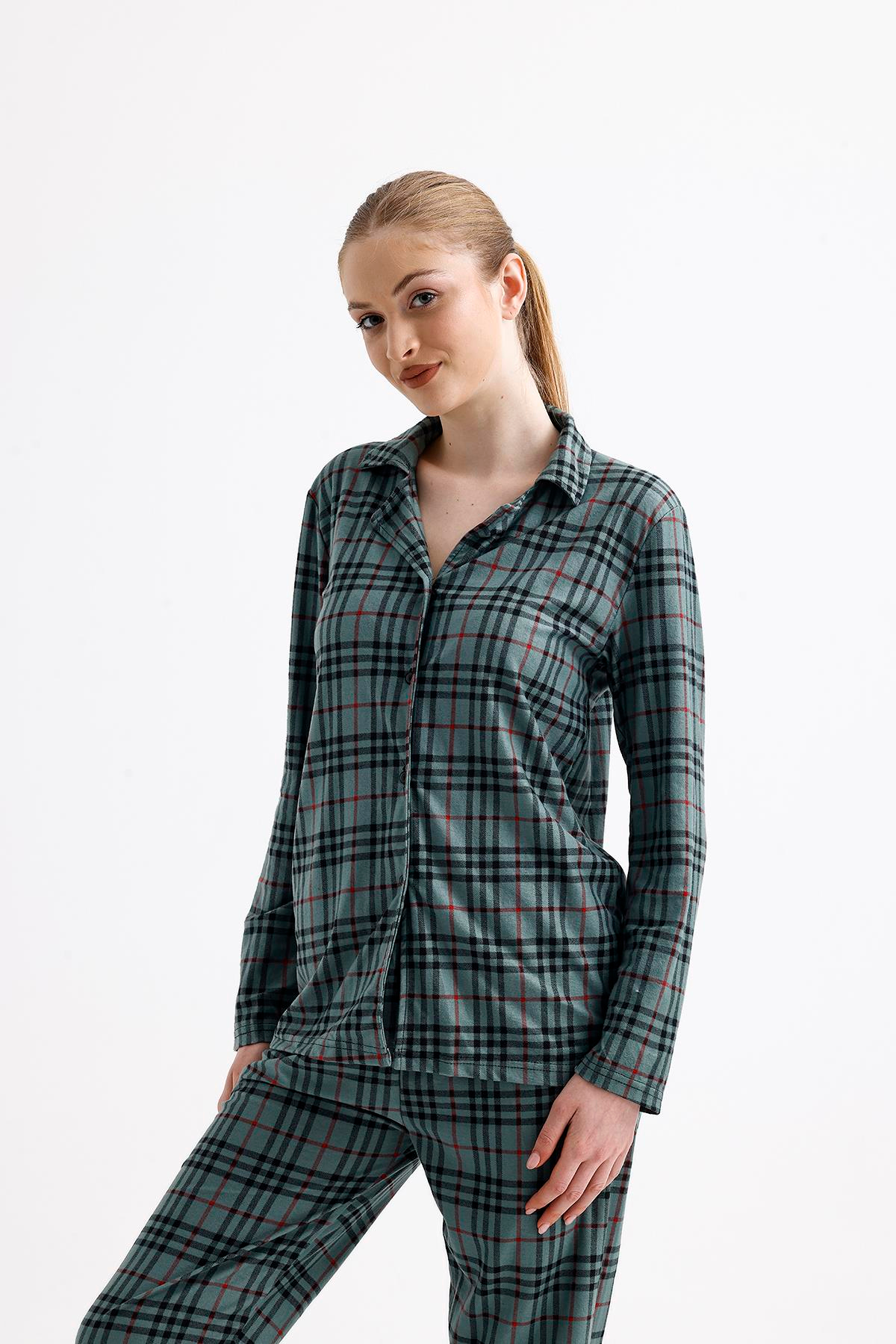 Kadın Süet Önden Düğmeli Pijama Takımı | Ekose Yeşil