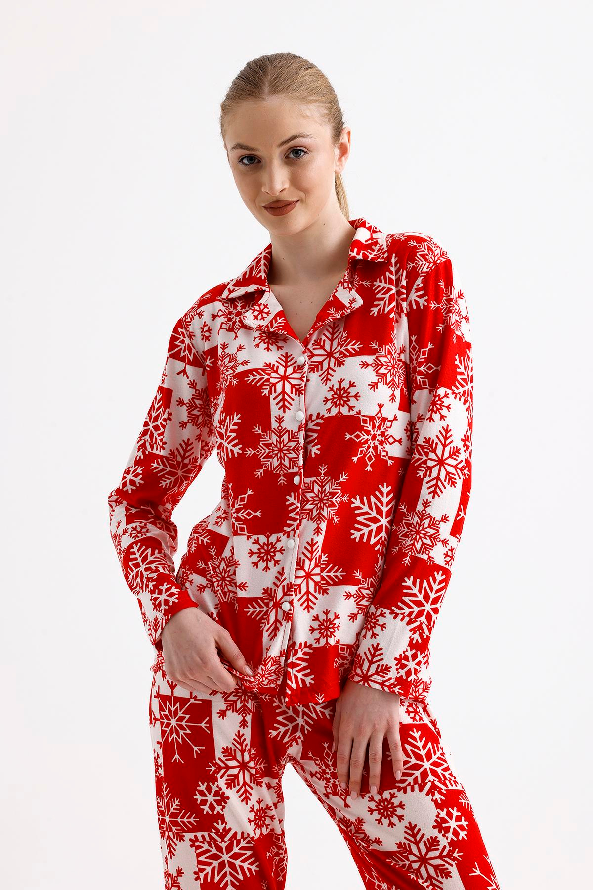 Kadın Süet Önden Düğmeli Pijama Takımı | Kartanesi Kırmızı