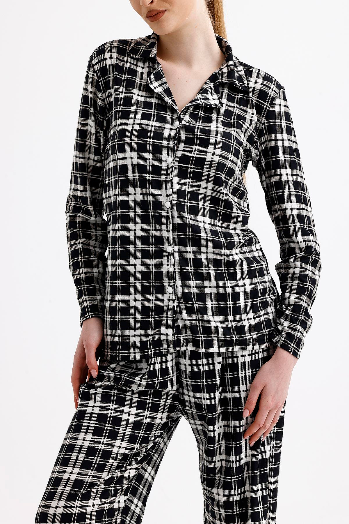 Kadın Süet Önden Düğmeli Pijama Takımı | Ekose Siyah