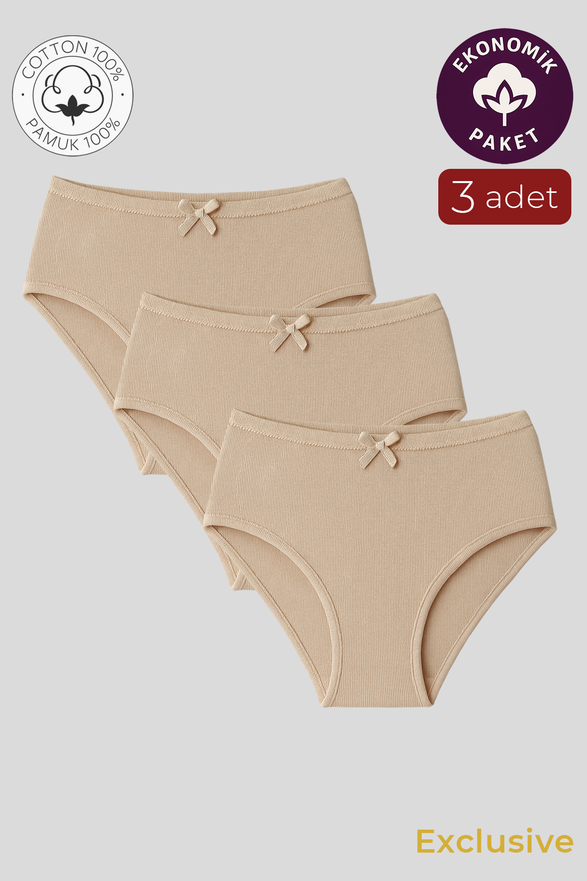 Kadın Yüksek Bel Pamuklu Ribana Slip Külot 3'lü Paket – Esnek & Rahat | Ten K0305