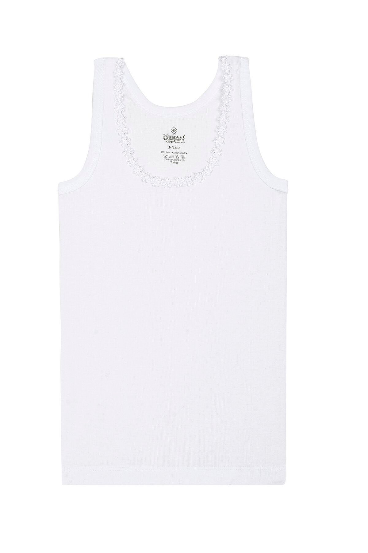 Kız Çocuk %100 Pamuklu Ribana Yakası Çiçek Desenli Kalın Askılı Atlet | Beyaz K0800