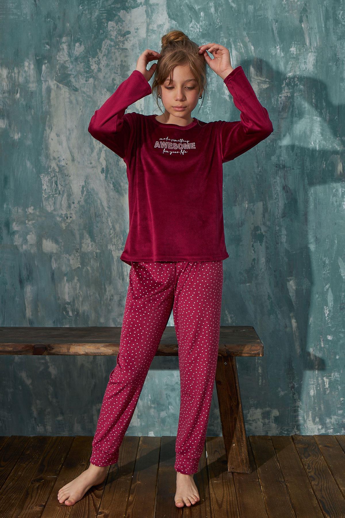 Kız Çocuk Kadife Bisiklet Yaka Altı Uzun Pijama Takım | Arcan 13353-16