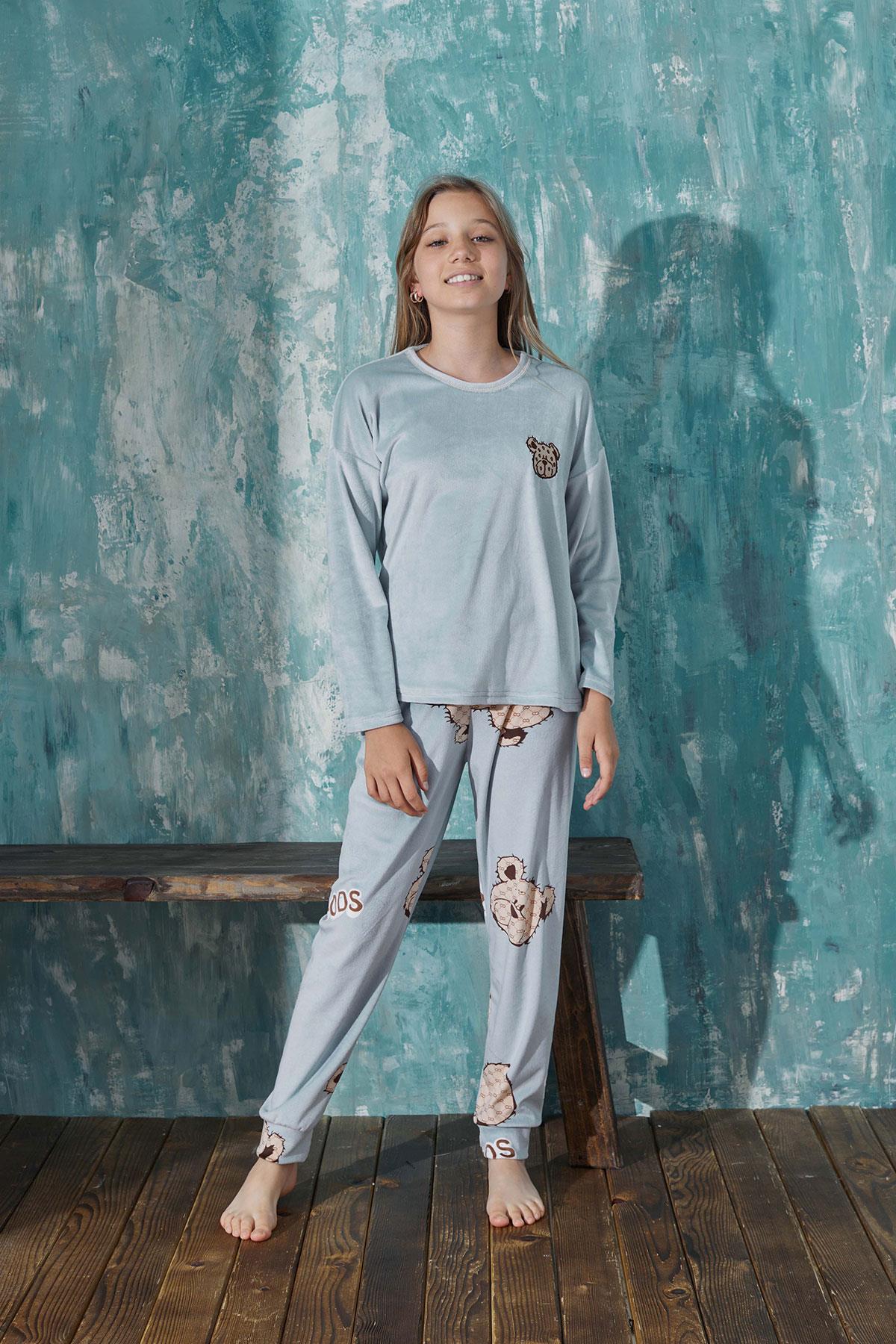 Kız Çocuk Kadife Bisiklet Yaka Altı Uzun Pijama Takım | Arcan 13353-70