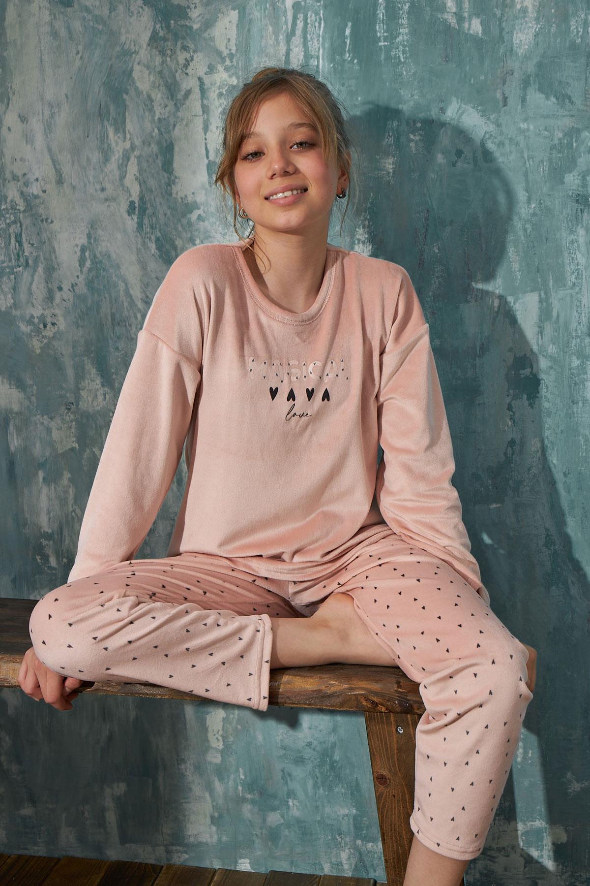 Kız Çocuk Kadife Bisiklet Yaka Altı Uzun Pijama Takım | Arcan 13352-2
