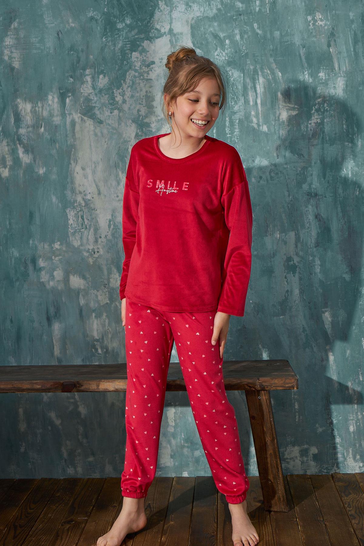 Kız Çocuk Kadife Bisiklet Yaka Altı Uzun Pijama Takım | Arcan 13351-59