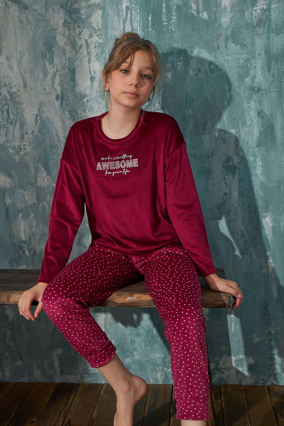 Kız Çocuk Kadife Bisiklet Yaka Altı Uzun Pijama Takım | Arcan 13353-16