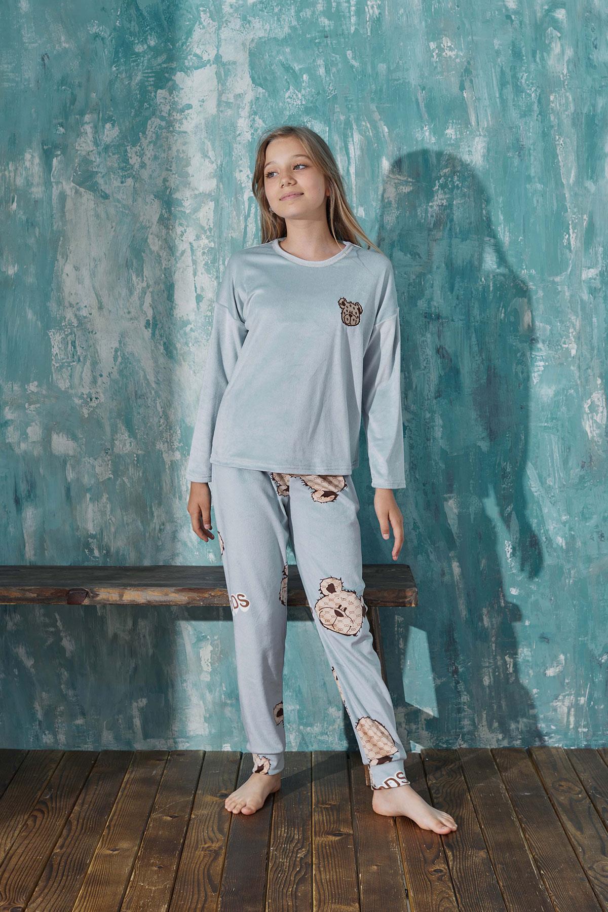 Kız Çocuk Kadife Bisiklet Yaka Altı Uzun Pijama Takım | Arcan 13353-70