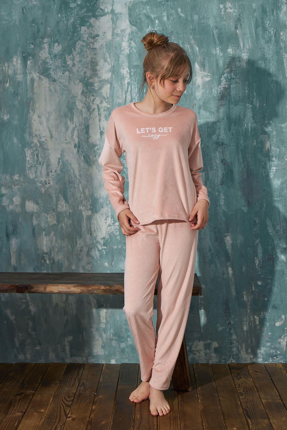 Kız Çocuk Kadife Bisiklet Yaka Altı Uzun Pijama Takım | Arcan 13352-27