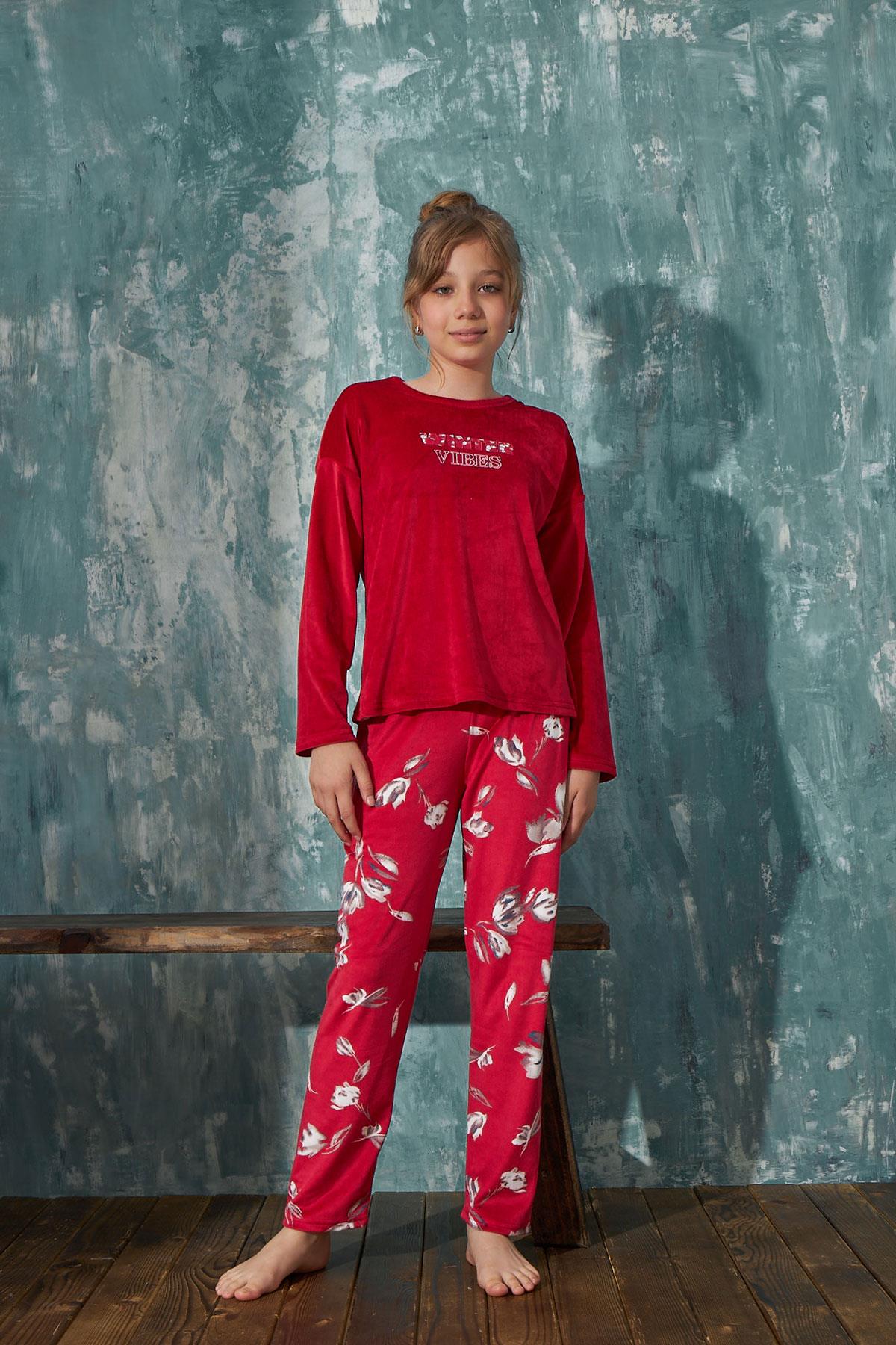 Kız Çocuk Kadife Bisiklet Yaka Altı Uzun Pijama  Takım | Arcan 13352-33