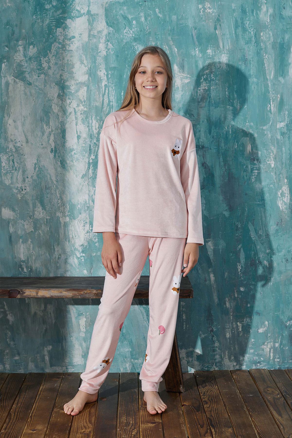 Kız Çocuk Kadife Bisiklet Yaka Altı Uzun Pijama Takım | Arcan 13353-74