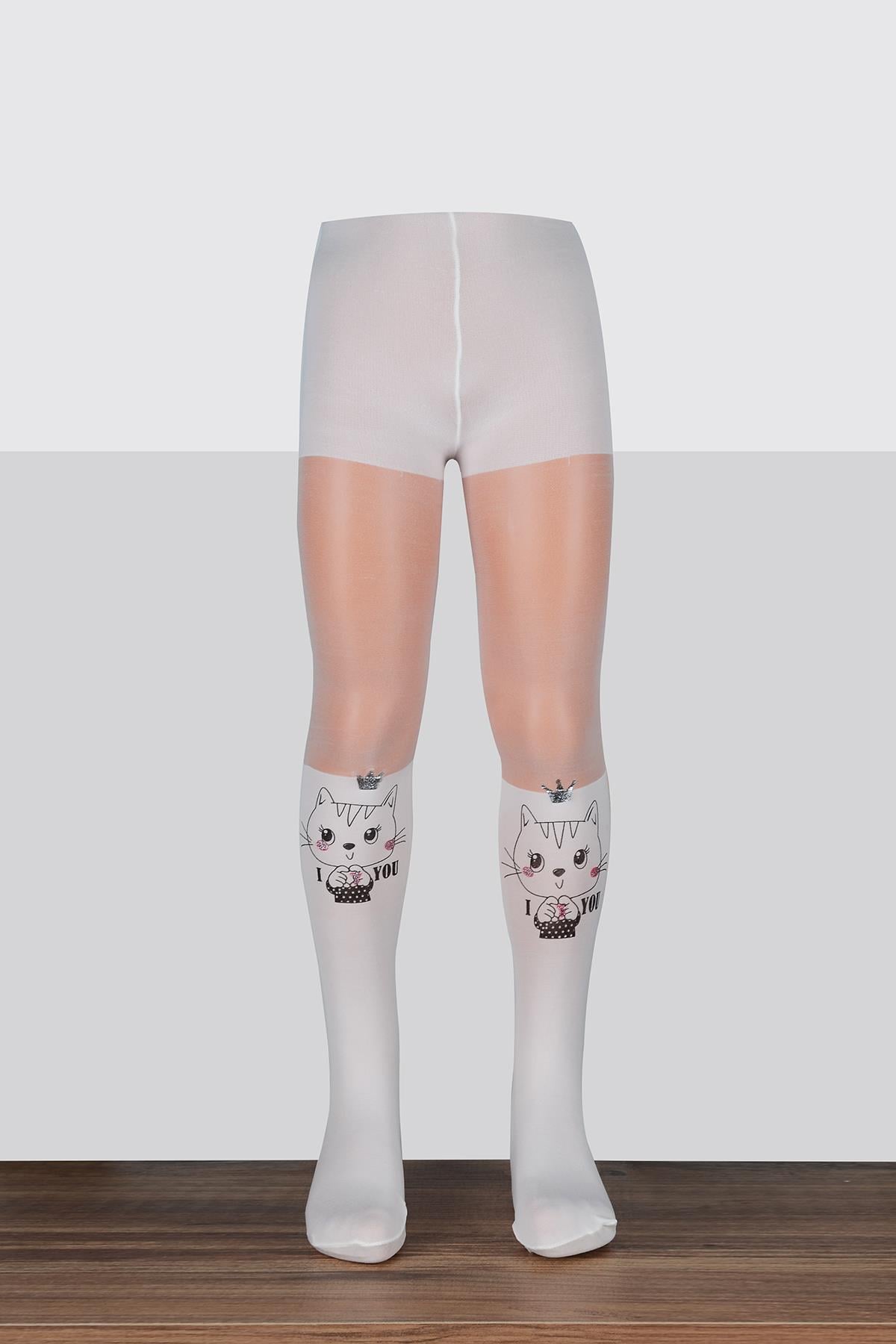 Kız Çocuk Love Cat Desenli Külotlu Çorap | Ekru BC8187-01