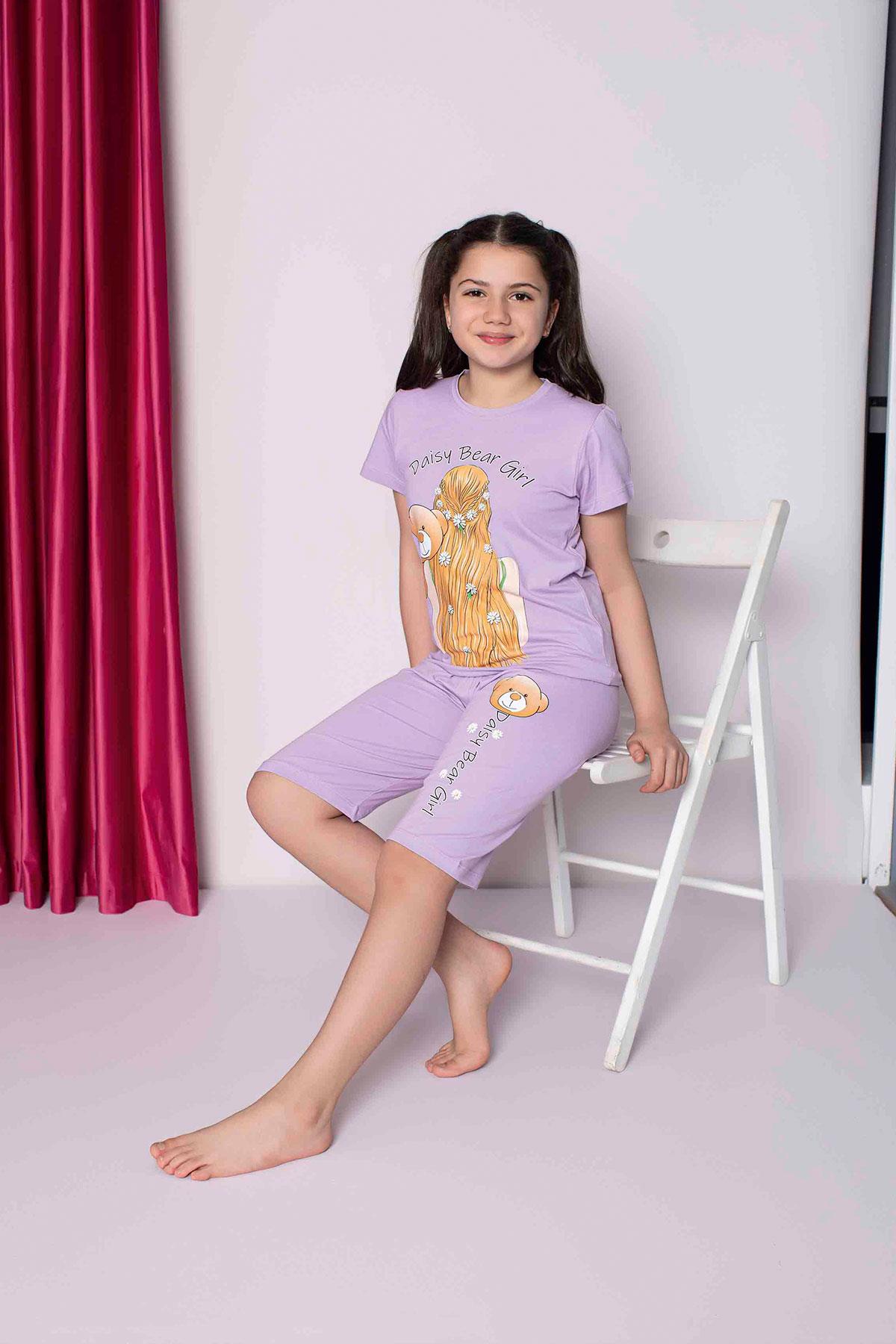 Kız Çocuk Penye Kısa Kollu Kaprili Pijama Takımı | Lila 2663