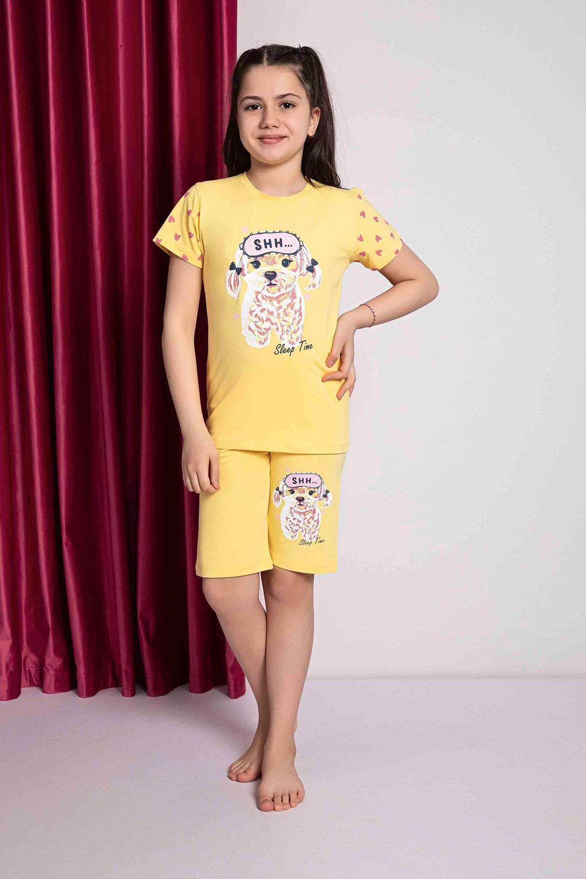 Kız Çocuk Penye Kısa Kollu Kaprili Pijama Takımı | Sarı 2669
