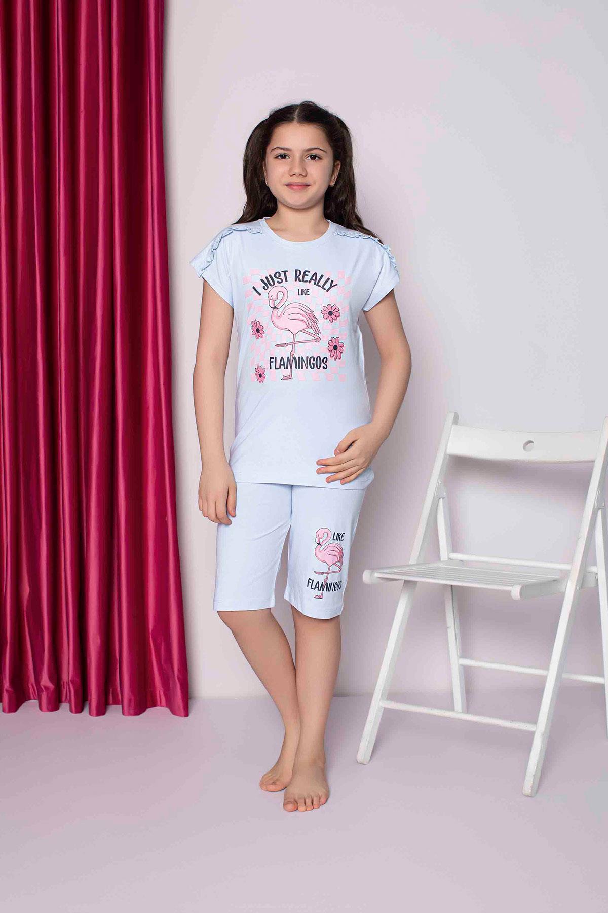 Kız Çocuk Penye Kısa Kollu Kaprili Pijama Takımı | Mavi 2658