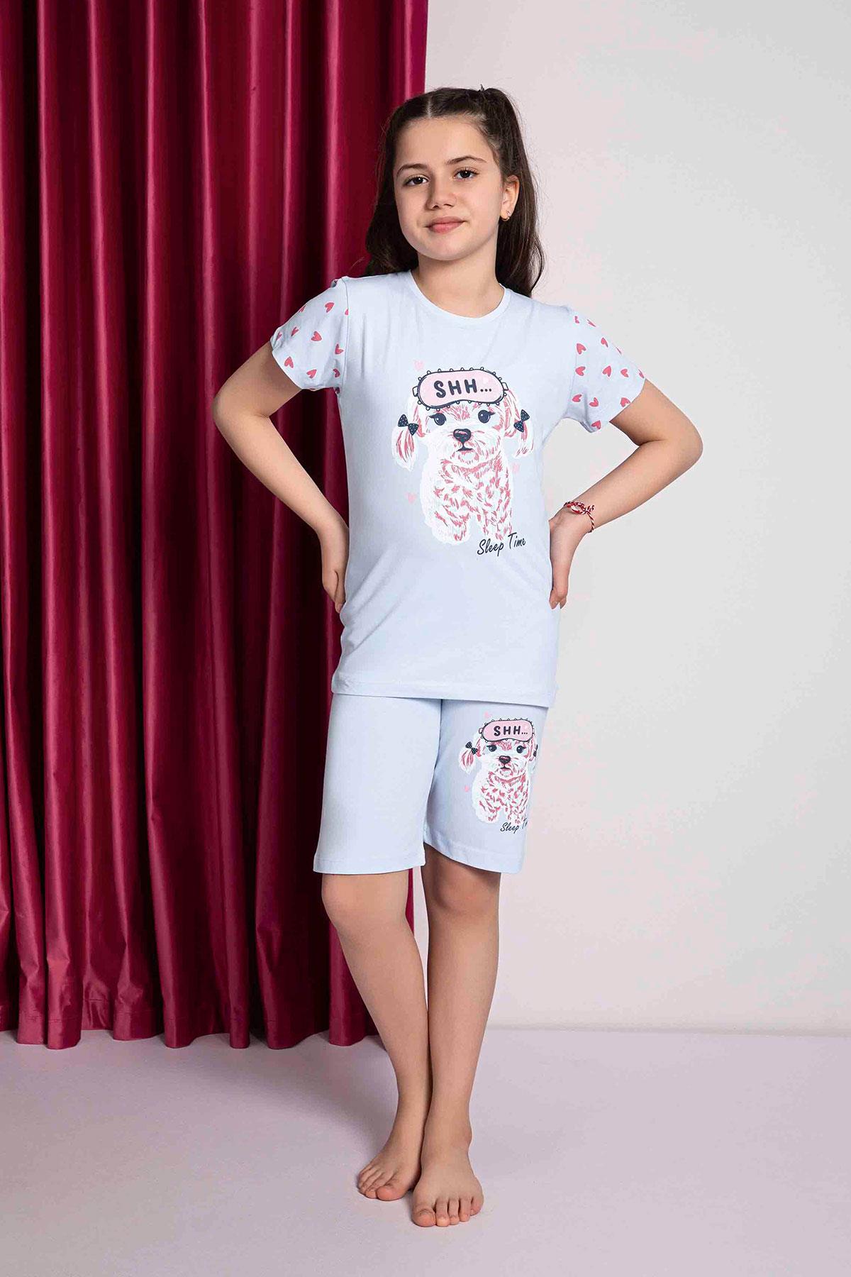 Kız Çocuk Penye Kısa Kollu Kaprili Pijama Takımı | Mavi 2669