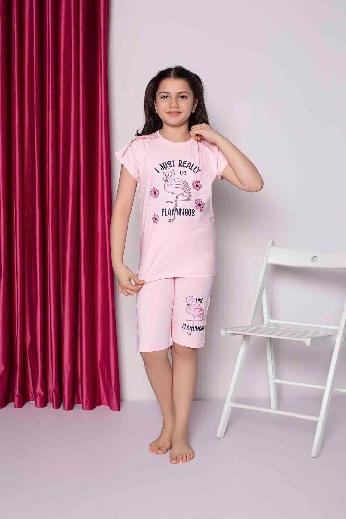 Kız Çocuk Penye Kısa Kollu Kaprili Pijama Takımı | Pembe 2658