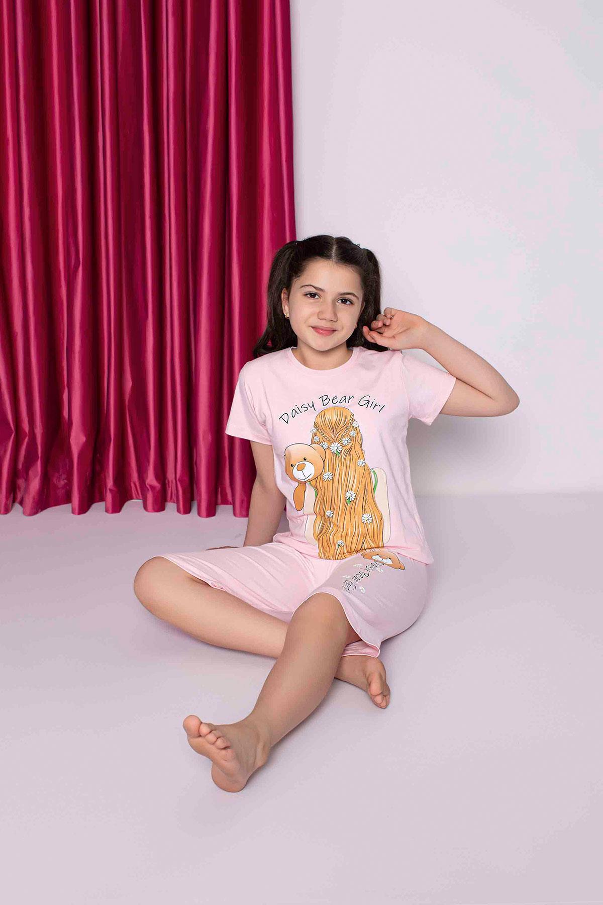 Kız Çocuk Penye Kısa Kollu Kaprili Pijama Takımı | Pembe 2664
