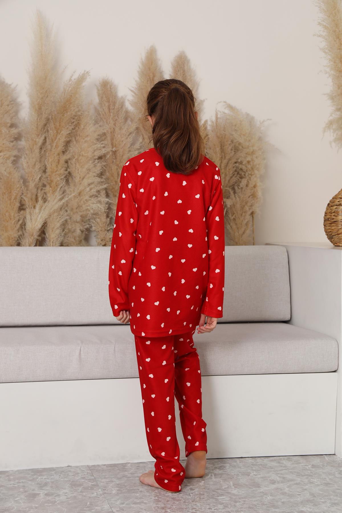 Kız Çocuk Süet Kırmızı Kalpli Pijama Takım | 142