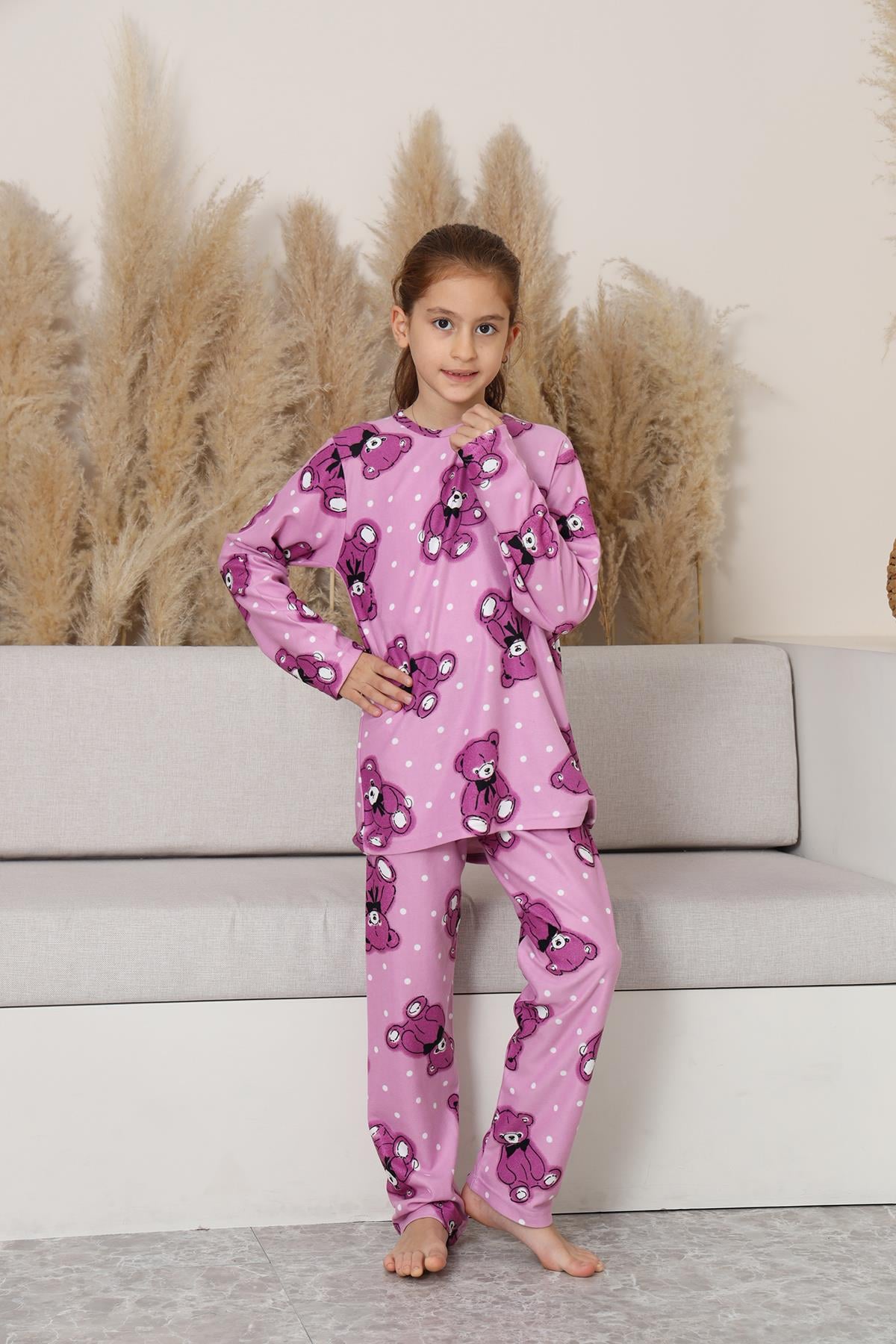 Kız Çocuk Süet Lila Ayıcık Pijama Takım | 143