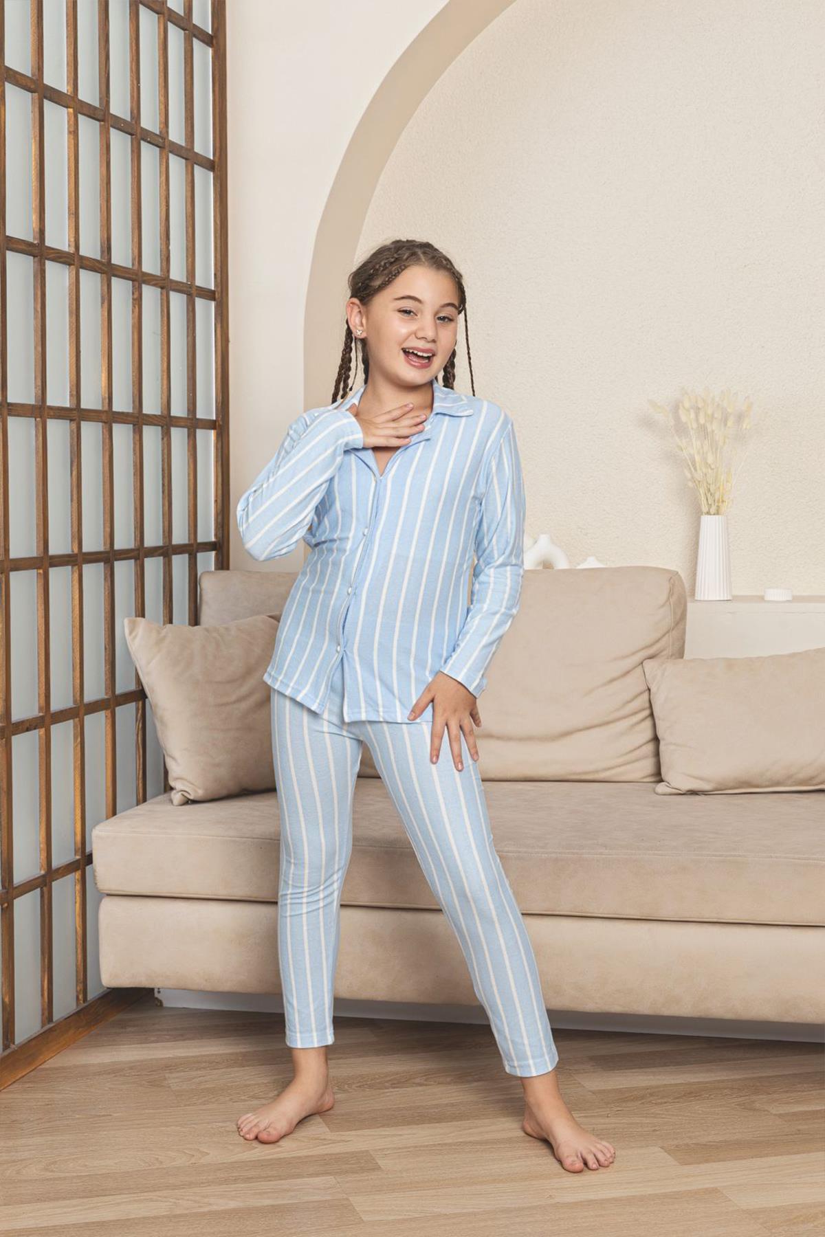 Kız Çocuk Süet Önden Düğmeli Pijama Takım | Mavi P605-166