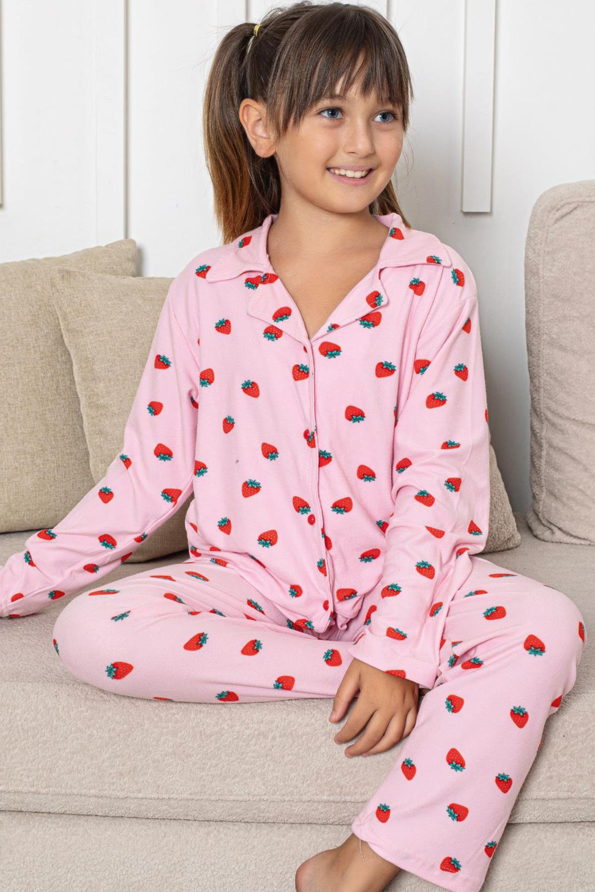 Kız Çocuk Süet Önden Düğmeli Pijama Takım | Pembe P605-163