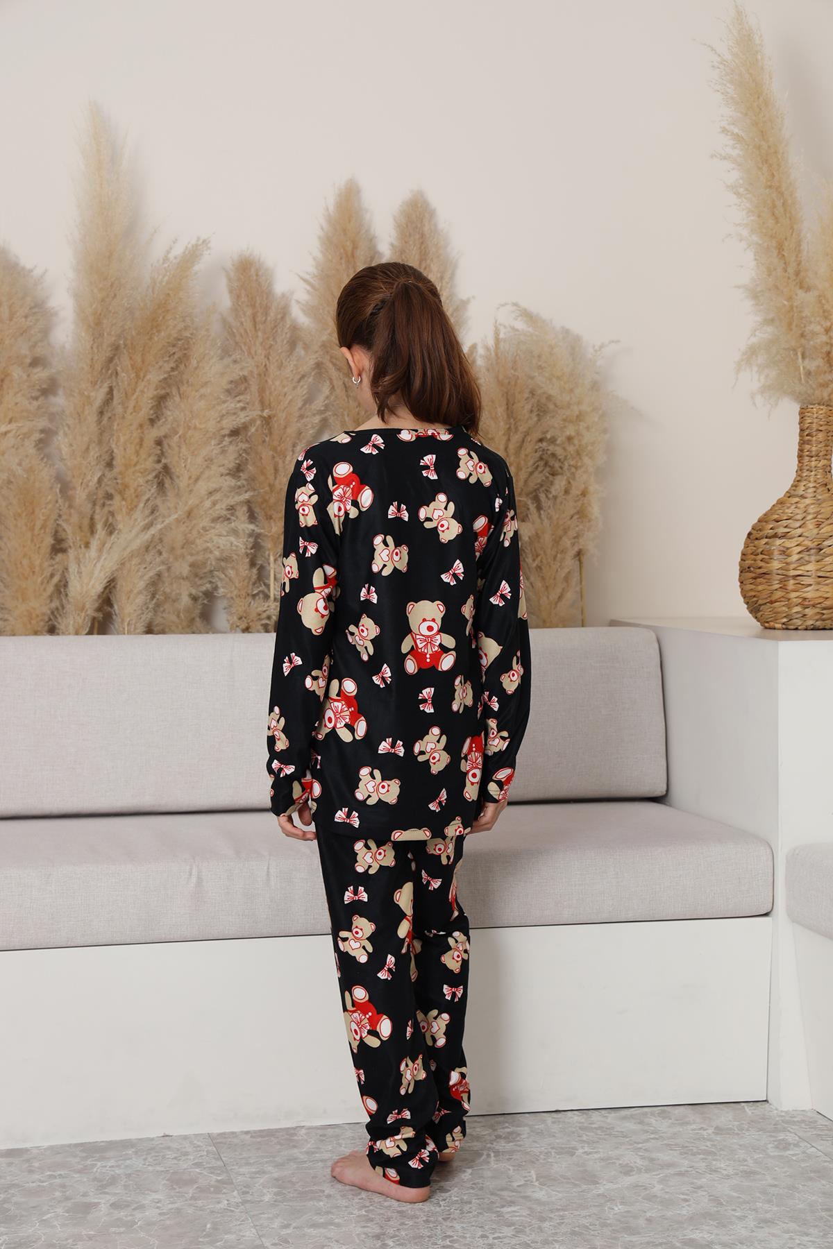 Kız Çocuk Süet Siyah Ayıcık Desenli Pijama Takım | 136