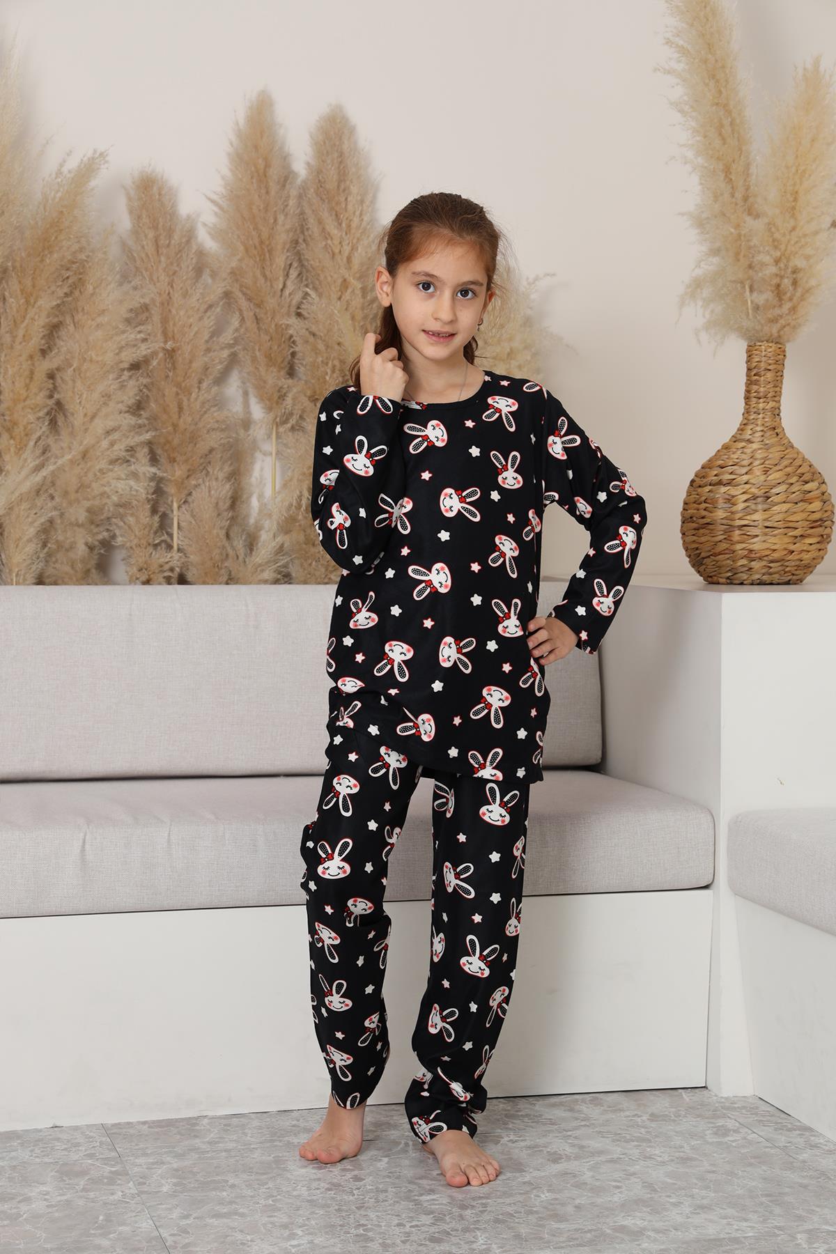 Kız Çocuk Süet Siyah Tavşan Desenli Pijama Takım | 137