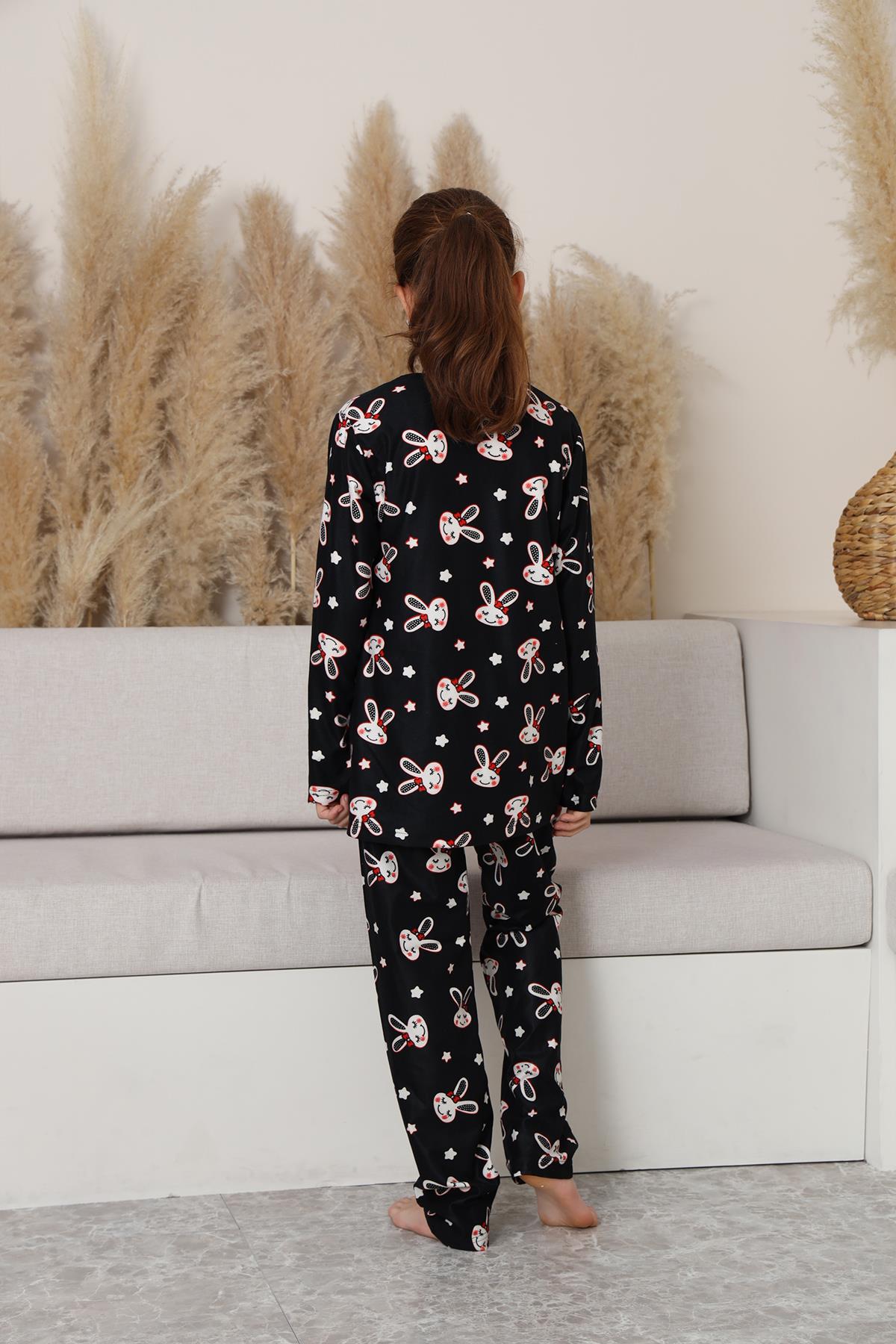 Kız Çocuk Süet Siyah Tavşan Desenli Pijama Takım | 137