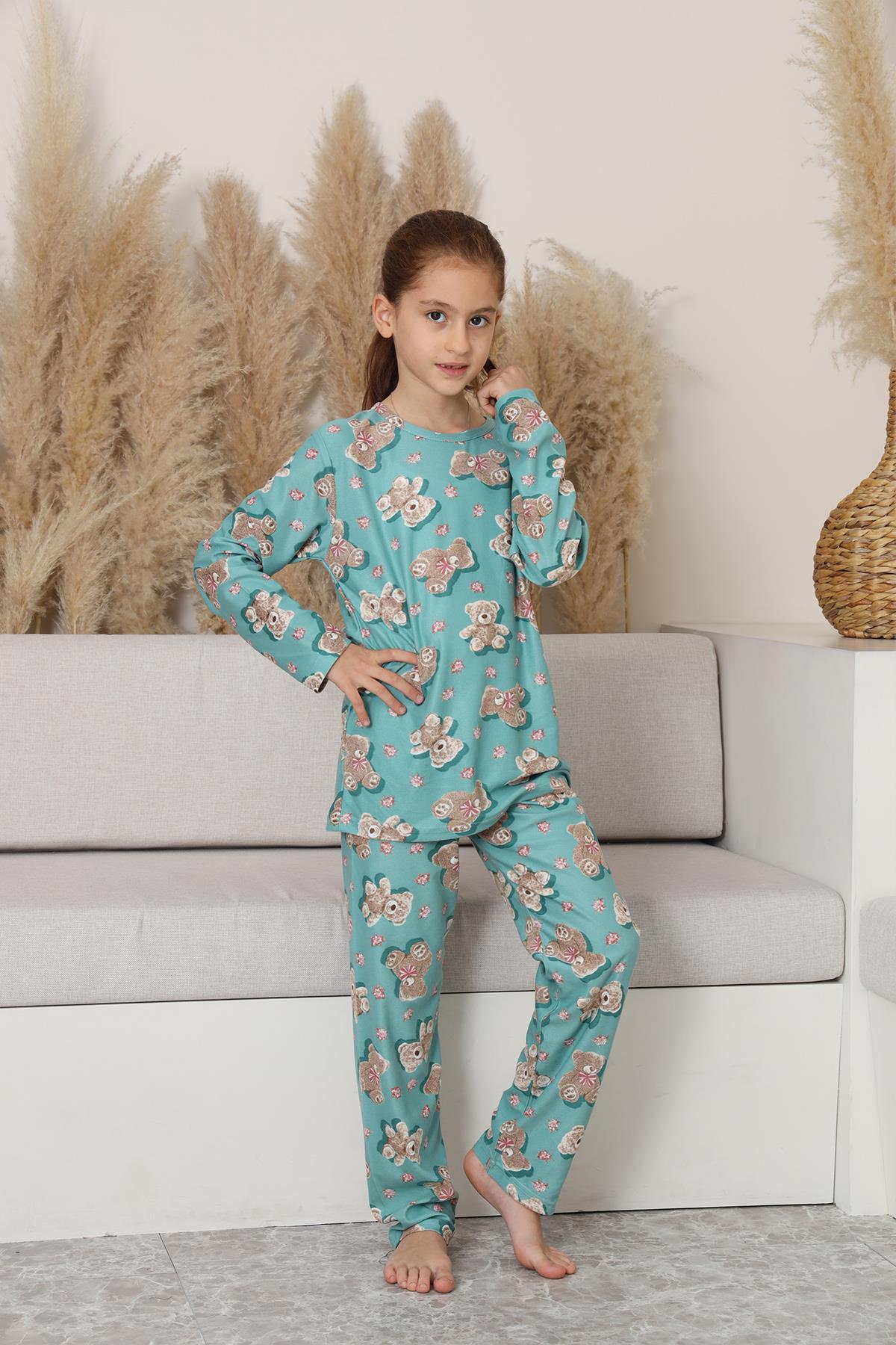 Kız Çocuk Süet Turkuaz Ayıcık Pijama Takım | 140