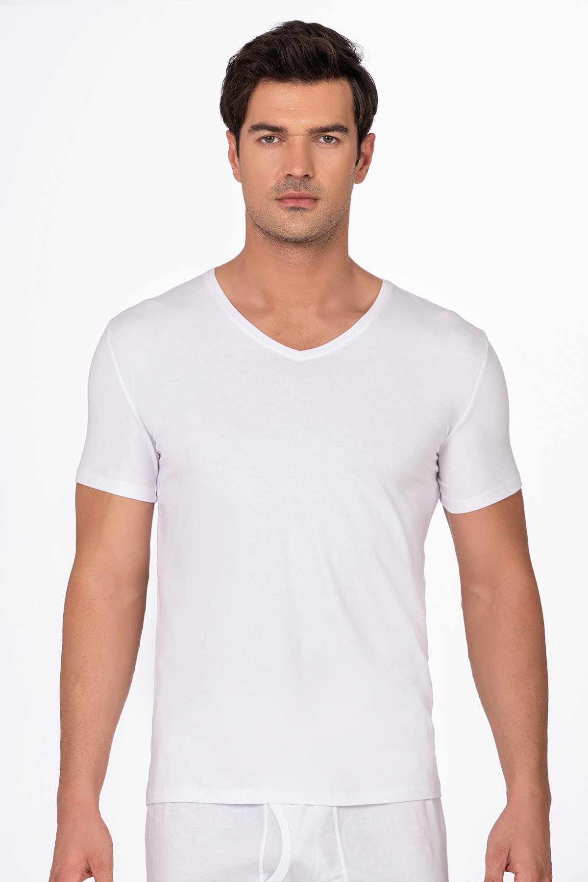 Pamuklu Modal V Yaka Kısa Kollu Tişört Fanila | Beyaz K11143