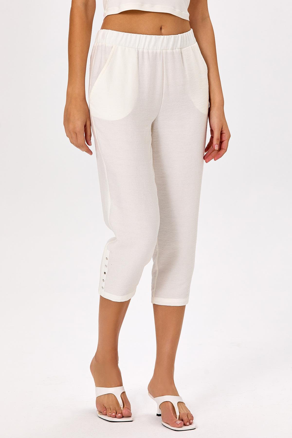 Beli Lastikli Paçası Metal Aksesuarlı Cepli Pantolon 025-3510