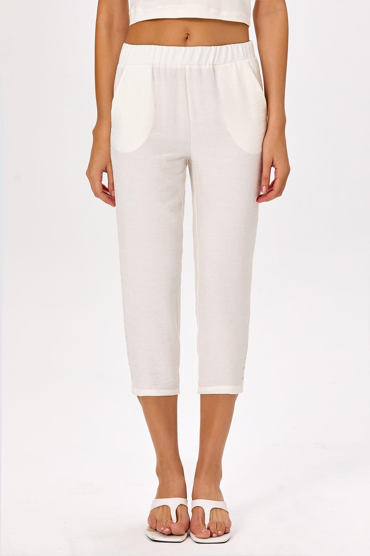 Beli Lastikli Paçası Metal Aksesuarlı Cepli Pantolon 025-3510