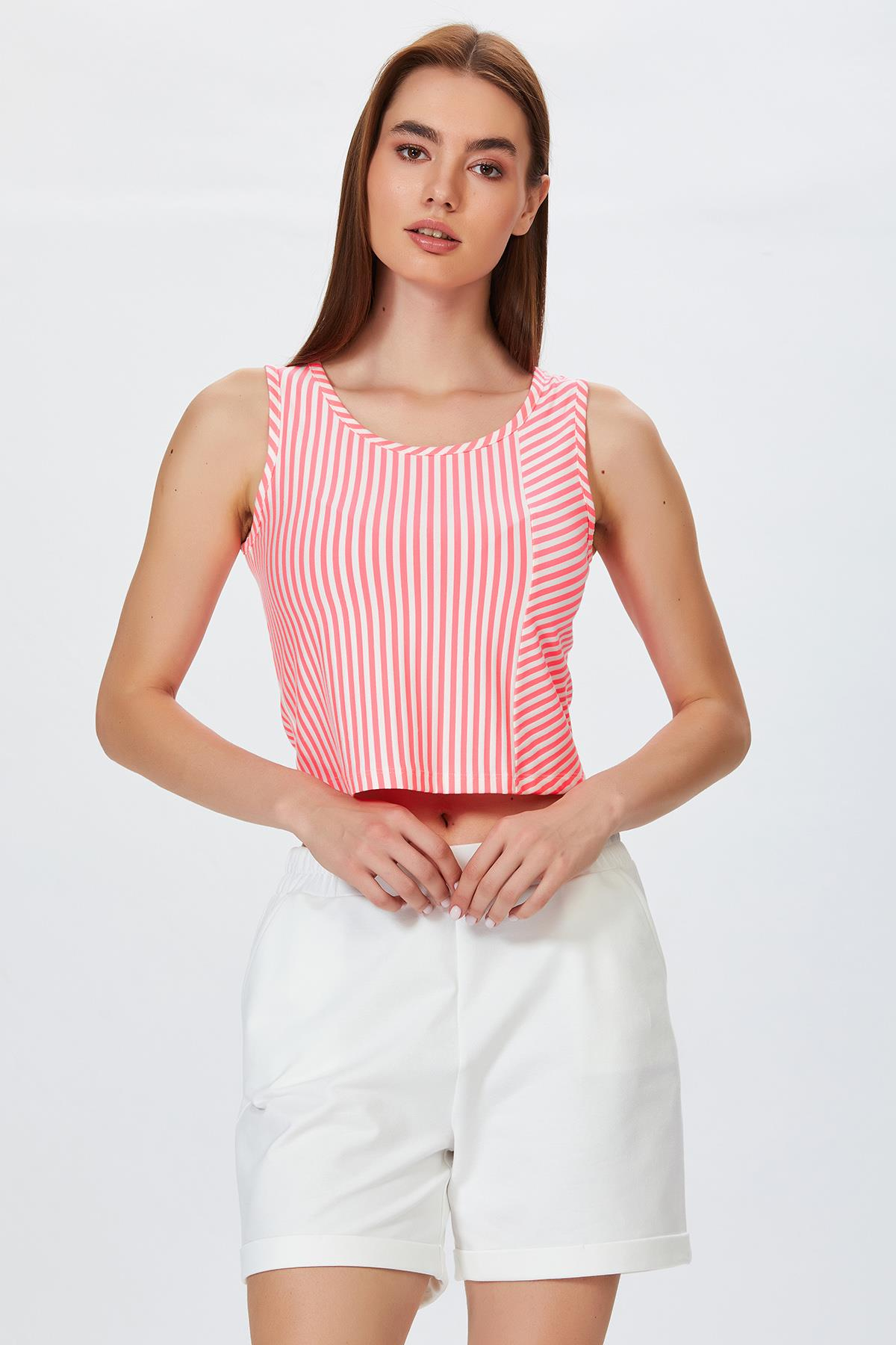 Çizgili Kolsuz Crop Bluz 022-1028