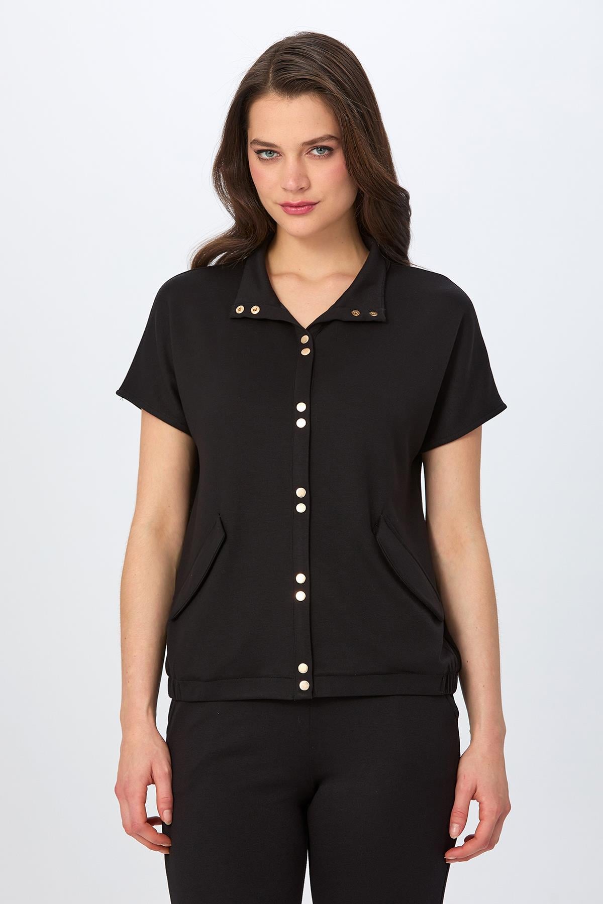 Önü Çıtçıtlı Sahte Cep Detaylı Düşü Kol S-Shirt 026-2106