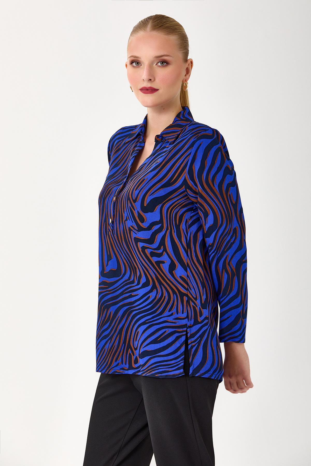 Önü Düğmeli Uzun Kol Desenli Bluz 245-3006