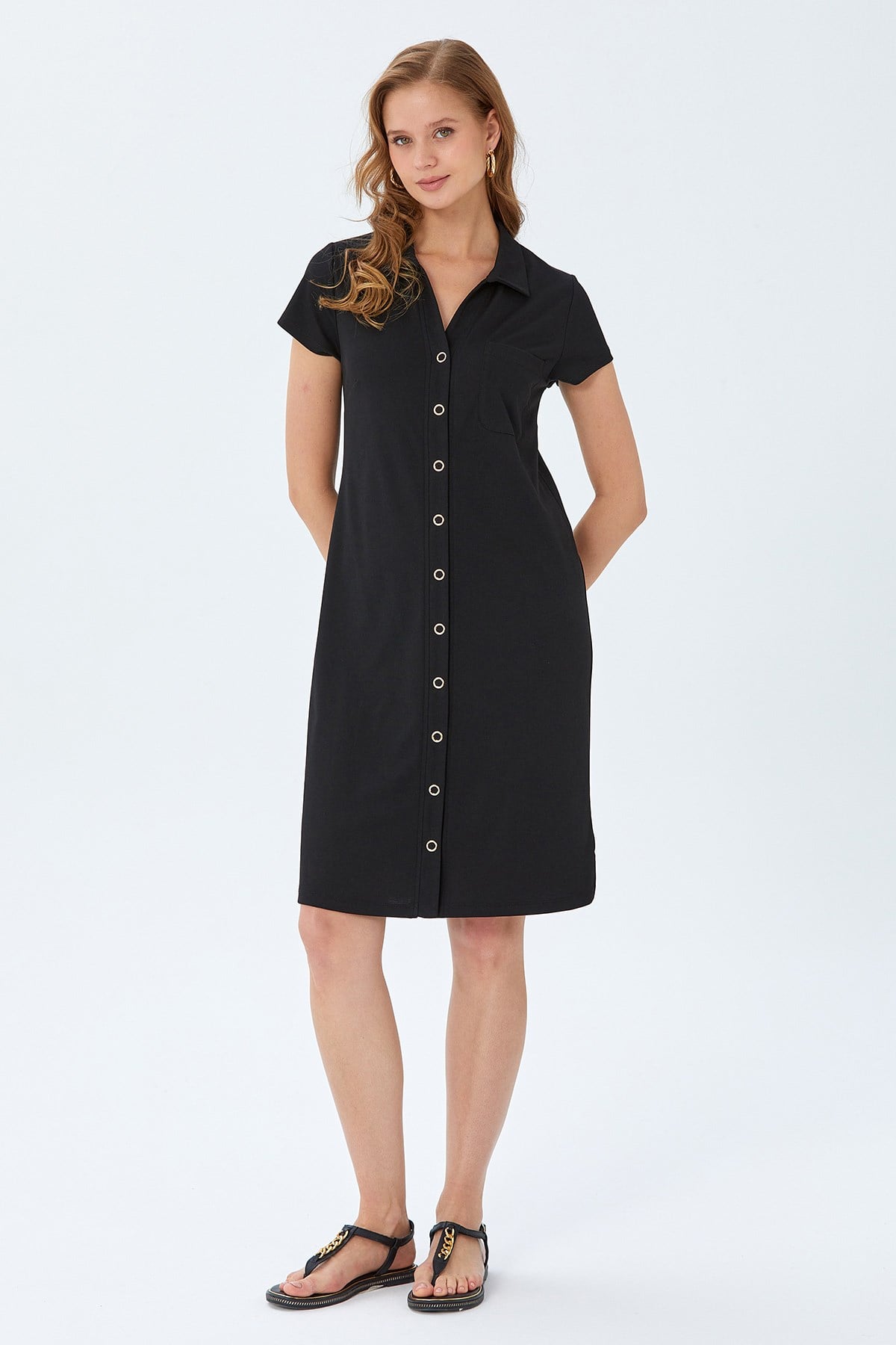 Polo Yaka Önü Çıtçıtlı Elbise 026-2507