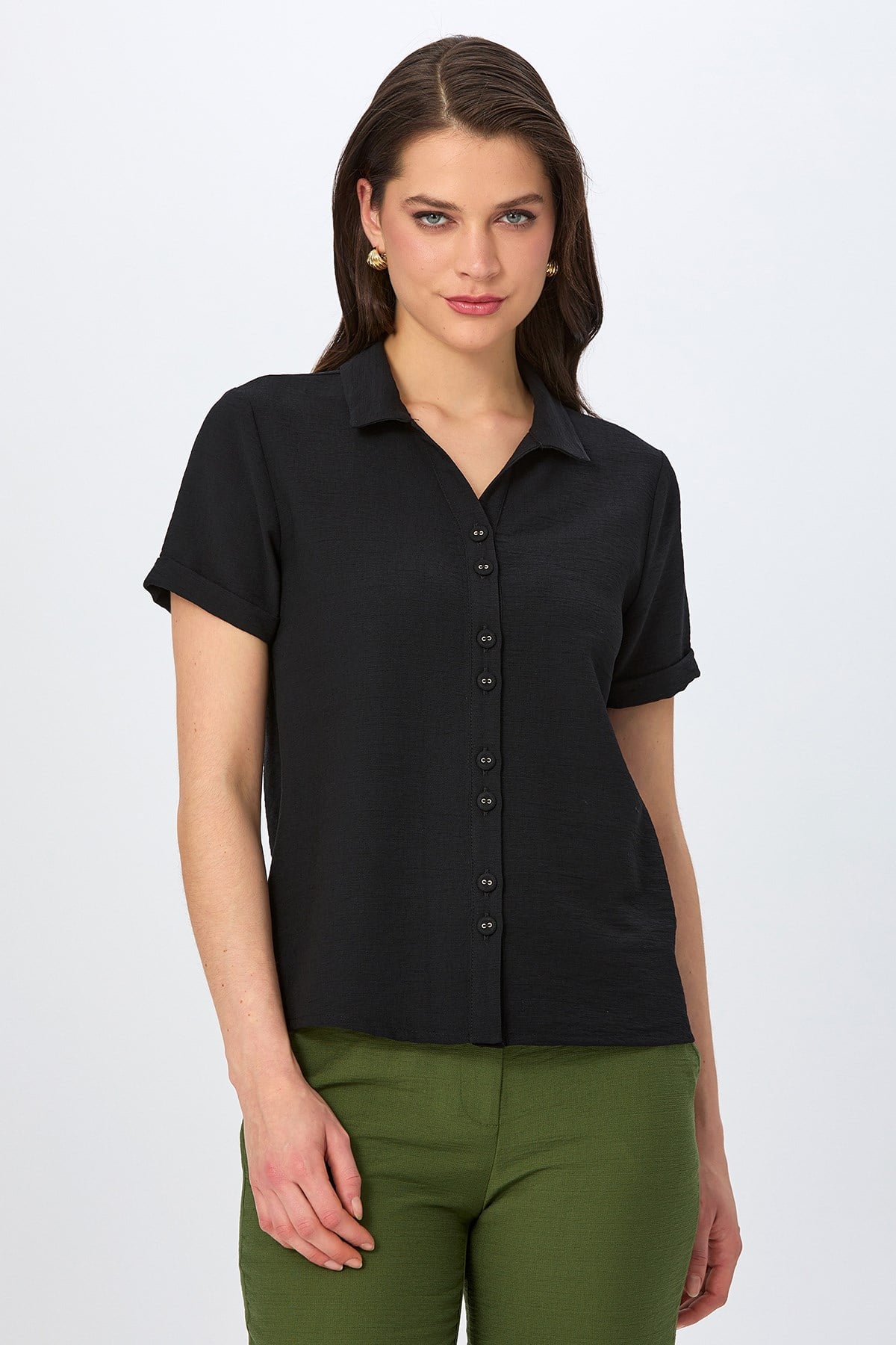 Polo Yaka Önü Düğmeli Duble Kol Gömlek 026-3001