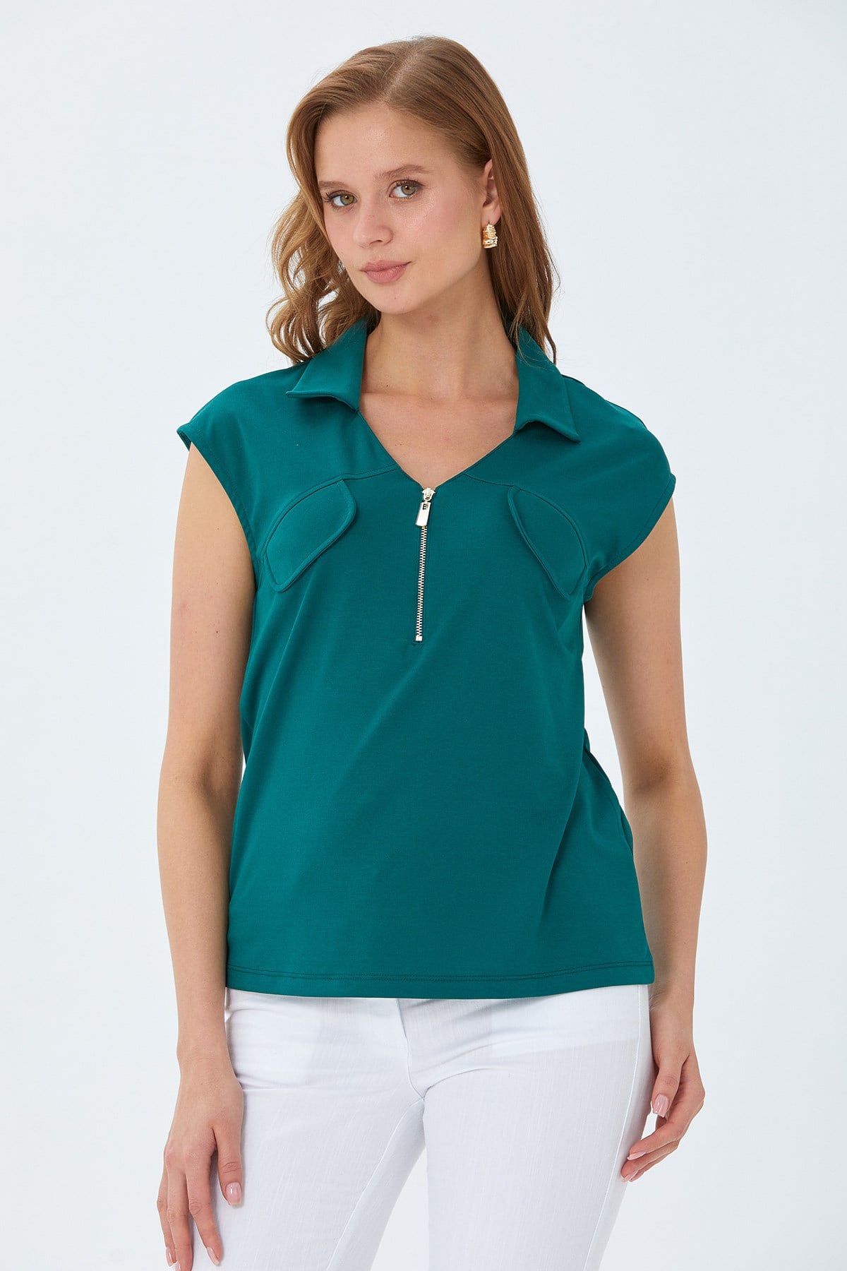 Polo Yaka Önü Fermuar Detaylı Bluz 026-1021