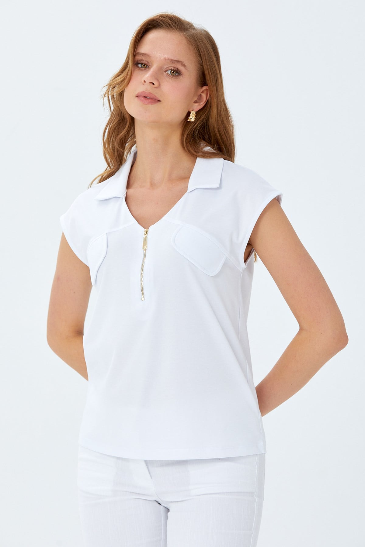 Polo Yaka Önü Fermuar Detaylı Bluz 026-1021