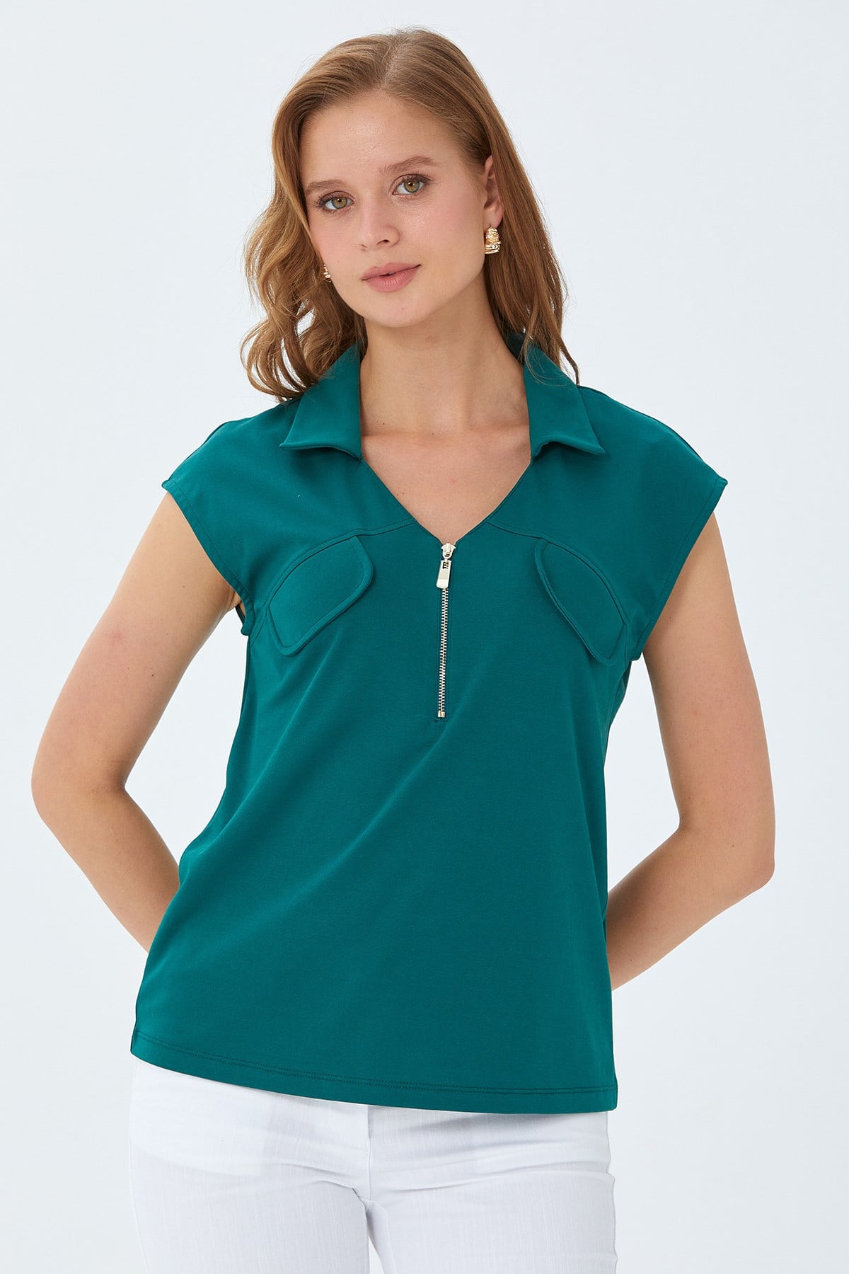 Polo Yaka Önü Fermuar Detaylı Bluz 026-1021
