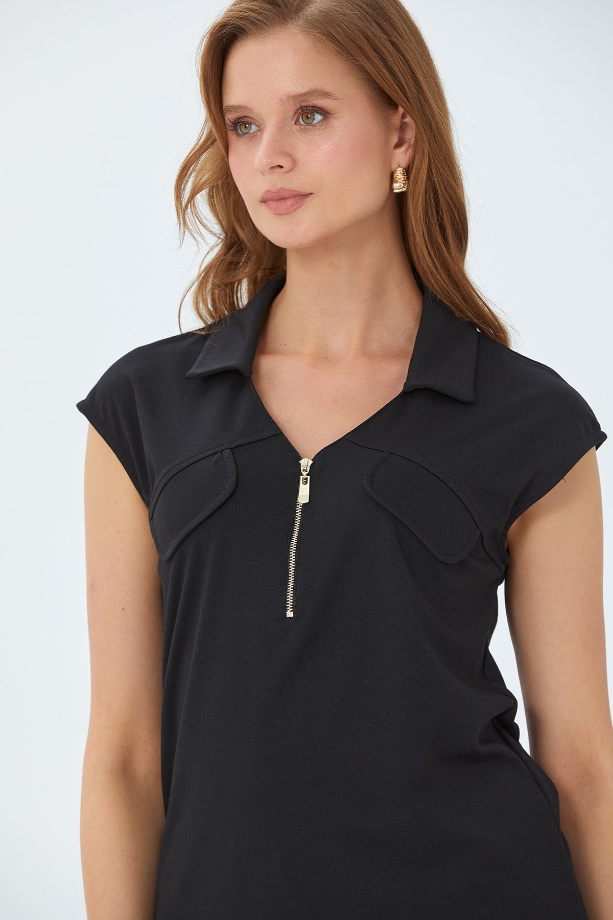 Polo Yaka Önü Fermuar Detaylı Bluz 026-1021