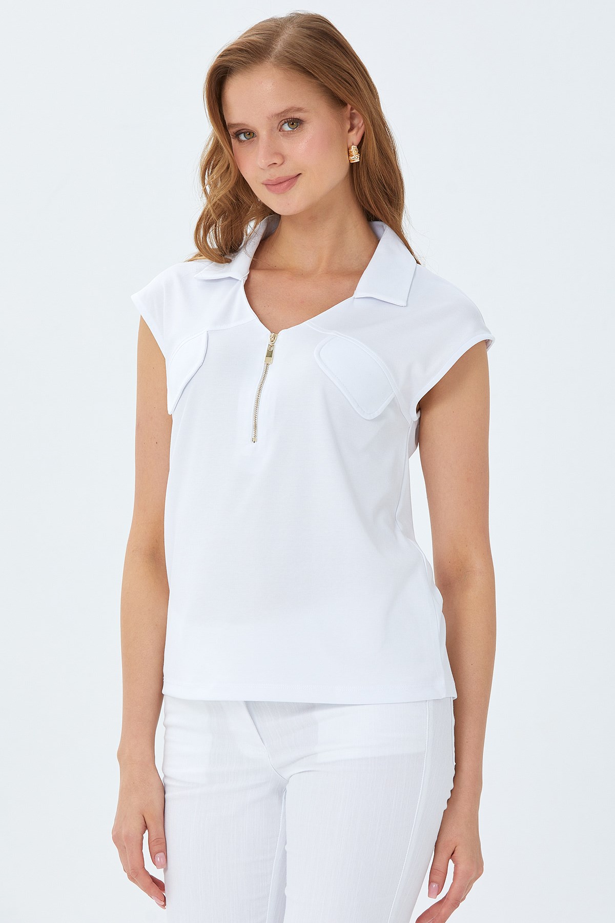 Polo Yaka Önü Fermuar Detaylı Bluz 026-1021