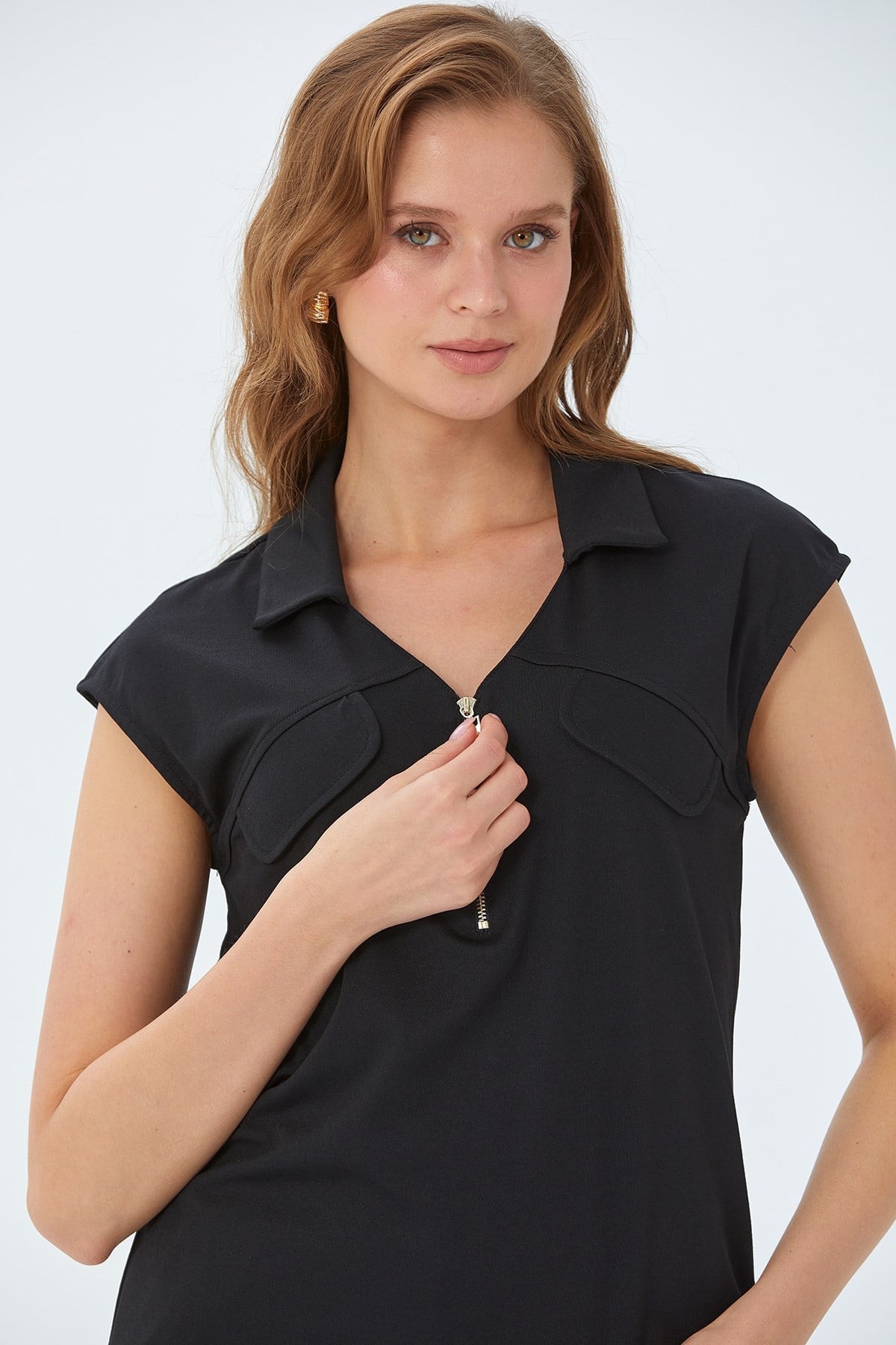 Polo Yaka Önü Fermuar Detaylı Bluz 026-1021