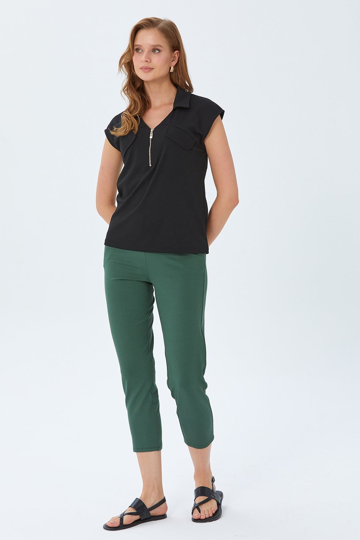 Polo Yaka Önü Fermuar Detaylı Bluz 026-1021