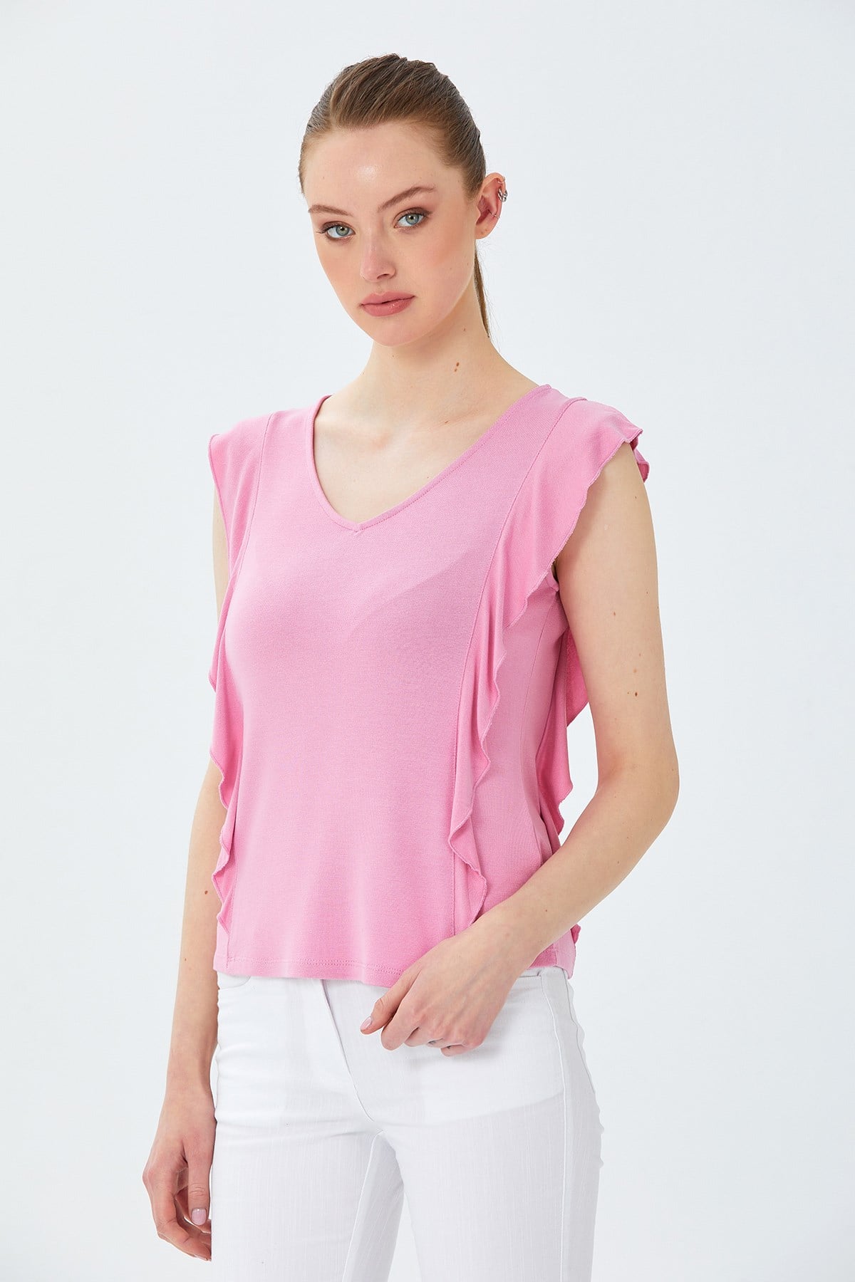 V Yaka Fırfır Detaylı Bluz 026-1013