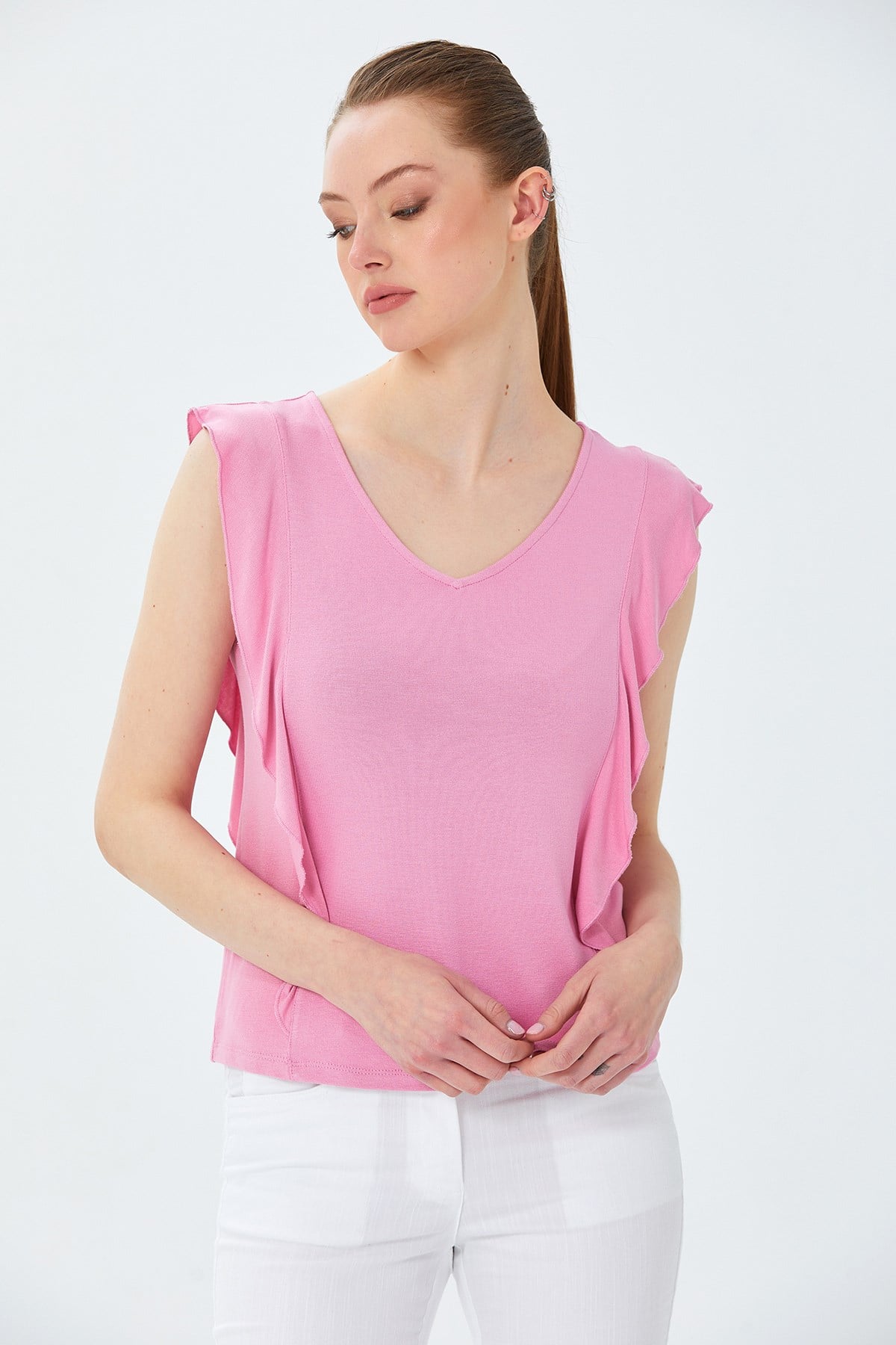 V Yaka Fırfır Detaylı Bluz 026-1013