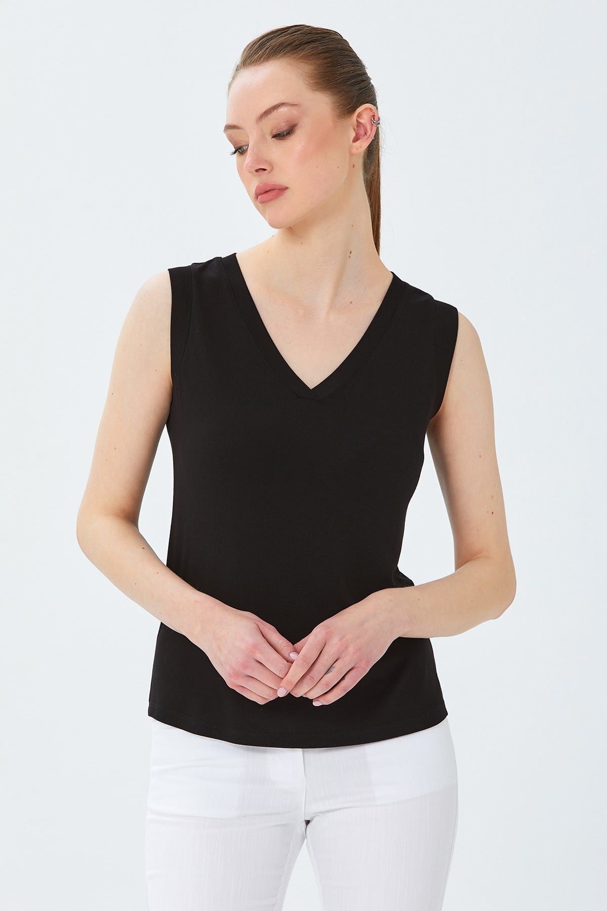 V Yaka Mini Kollu Bluz 026-1002