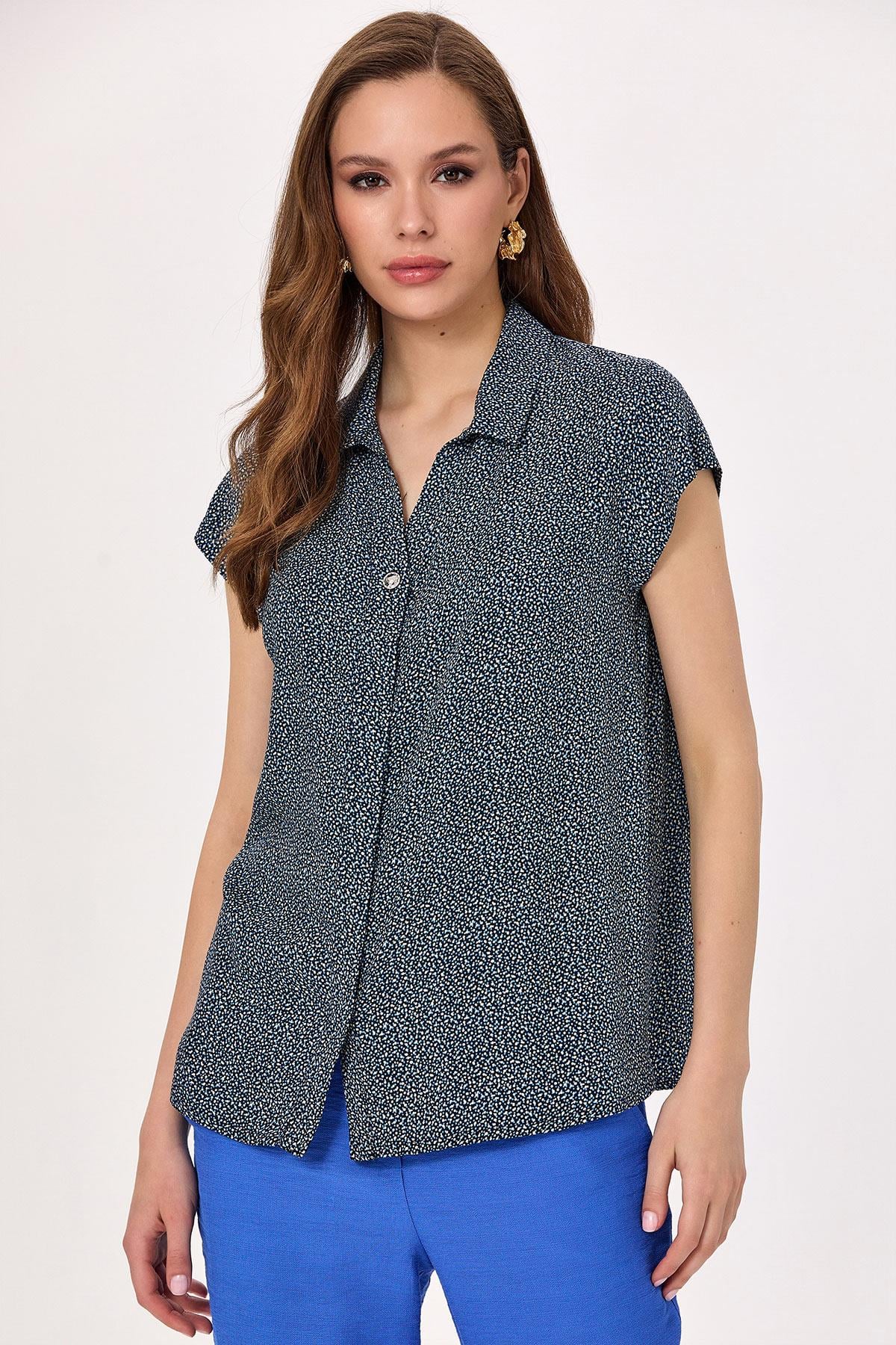 V Yaka Mini Kollu Desenli Bluz 025-3008
