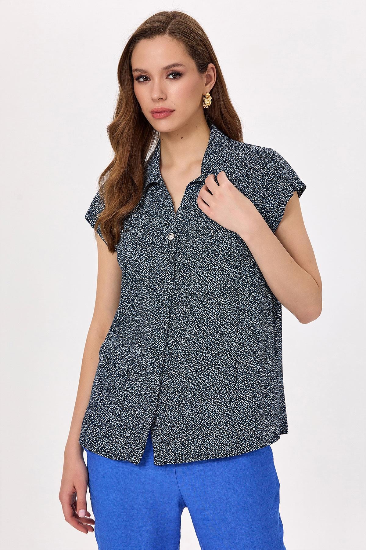 V Yaka Mini Kollu Desenli Bluz 025-3008